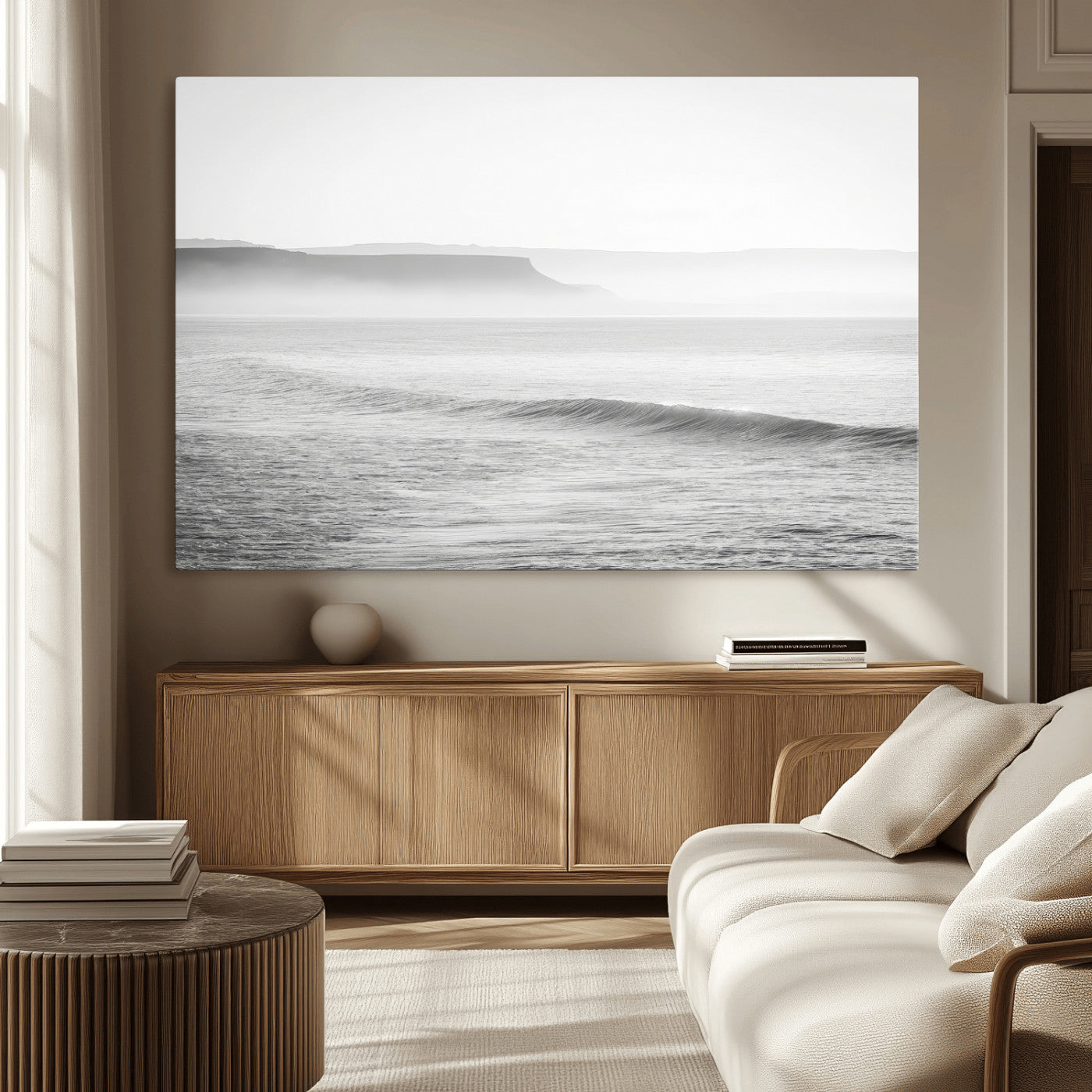 MGV-CV-36X24 - Black White Seascape Wall Art Canvas Print, Framed Ocean Waves Art Picture Print, Misty Coastal Perfect Minimalist Coastal Decor Artwork
