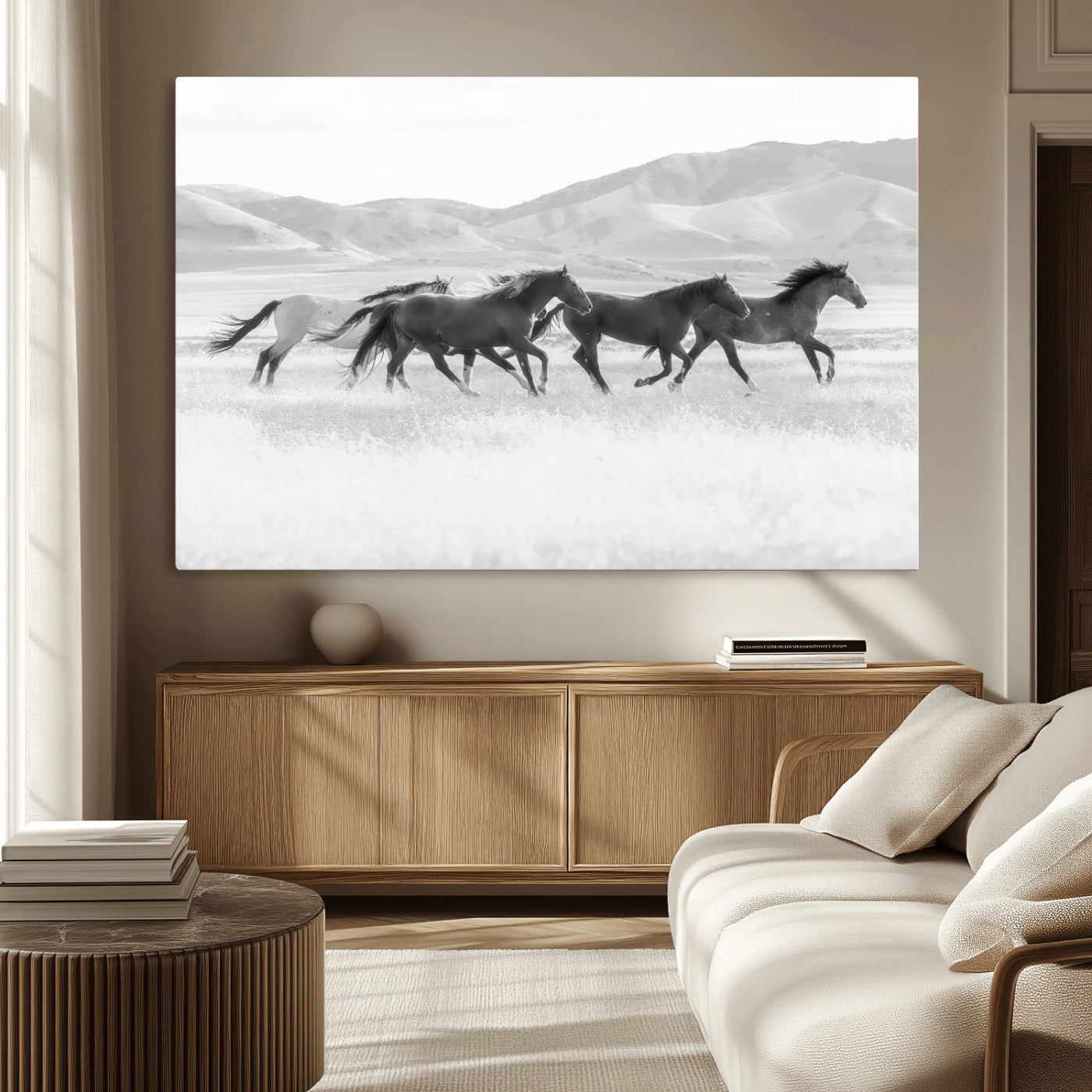 MGV-CV-36X24 - Wild Horses Wall Art – Black & White Canvas Print of Herd Running, Nature in Motion, Freedom & Beauty Decor for Guest Room, Office or Living Room