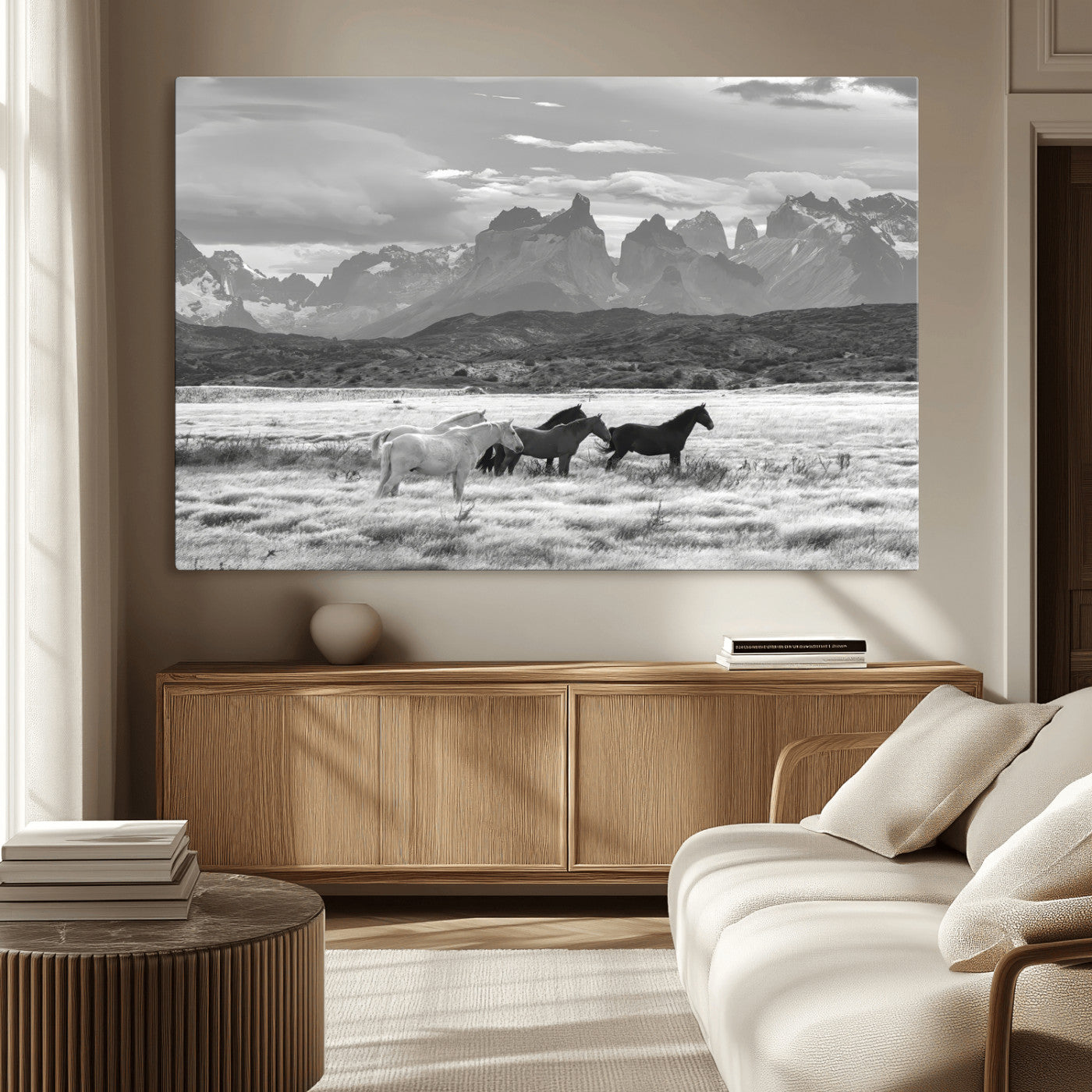 MGV-CV-36X24 - Wild Horses Wall Art Canvas Print, Framed Black White Mountains Art Picture Print, Rustic Countryside Perfect Rustic Western Decor Artwork