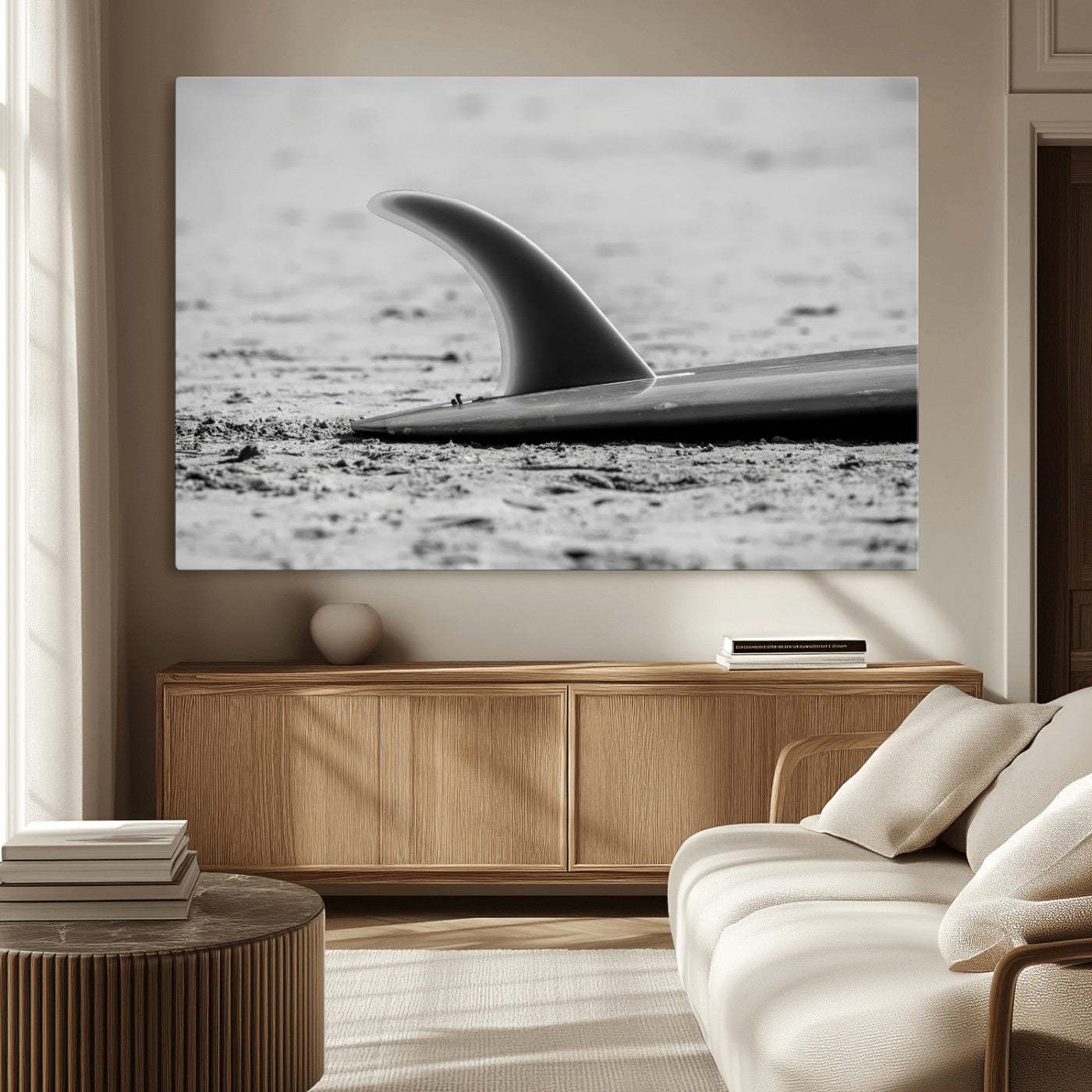 MGV-CV-36X24 - Black White Surfboard Wall Art Canvas Print, Framed Minimalist Beach Art Picture Print, Surf Fin Perfect Minimalist Coastal Decor Artwork