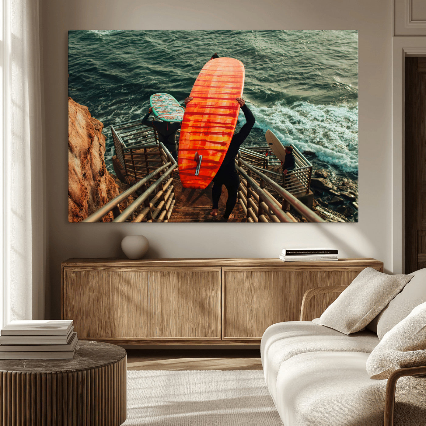 MGV-CV-36X24 - Surfer Stairway Wall Art Canvas Print, Framed Ocean Surf Art Picture Print, Sunset Coastal Perfect Coastal Adventure Decor Artwork