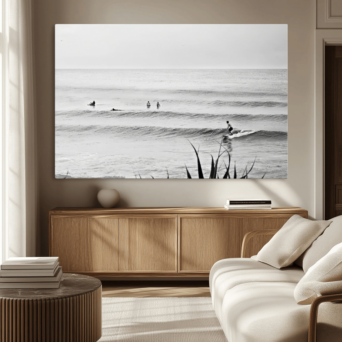 33821421-MGV-CV-36X24-Surfer Silhouette Wall Art – Framed Calm Ocean Canvas Artwork, Monochrome Minimal Design, Modern Coastal Decor for Home, Office