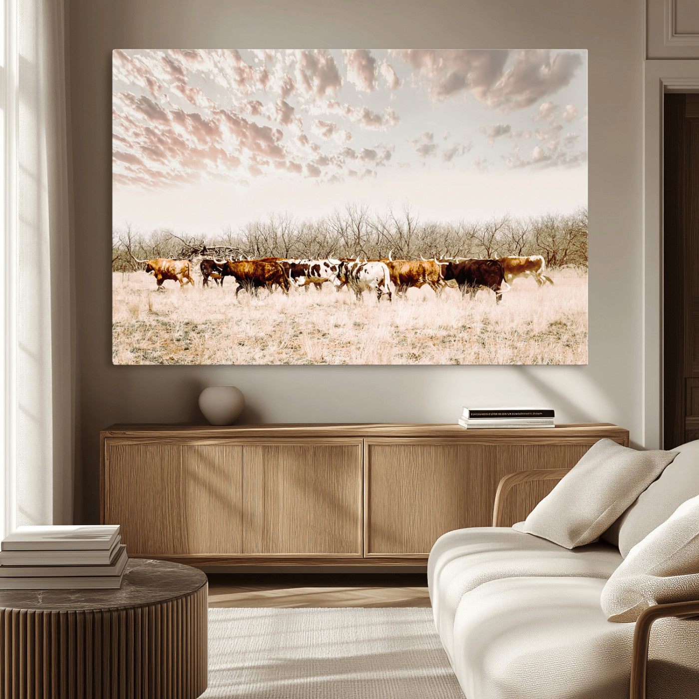 64892775-MGV-CV-36X24-Longhorn Cattle Wall Art Canvas Print – Framed Texas Ranch Scene with Western Cow Artwork for Home, Office