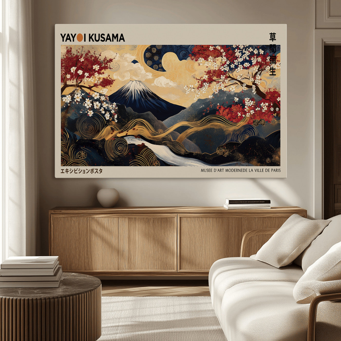 54967195-MGV-CV-36X24-Modern Japanese Wall Art Canvas Print – Framed Abstract Mount Fuji Scene with Yayoi Kusama Japanese Artwork for Home, Office