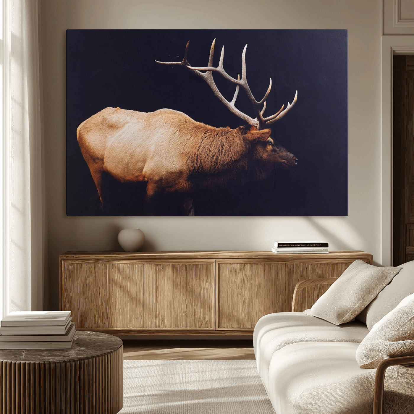 89239257-MGV-CV-36X24 - Rustic Elk Wall Art Canvas Print – Framed Moody Wildlife Art Picture Western Animal Artwork for Home, Office