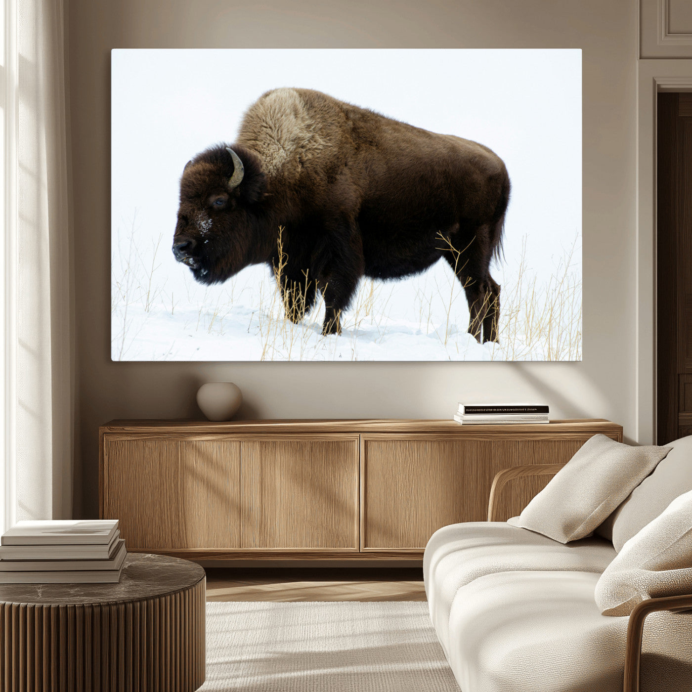76778120-MGV-CV-36X24-Bison Wall Art Canvas Print – Framed Western Wildlife Buffalo Snow Rustic Nature Scene Artwork for Home Office