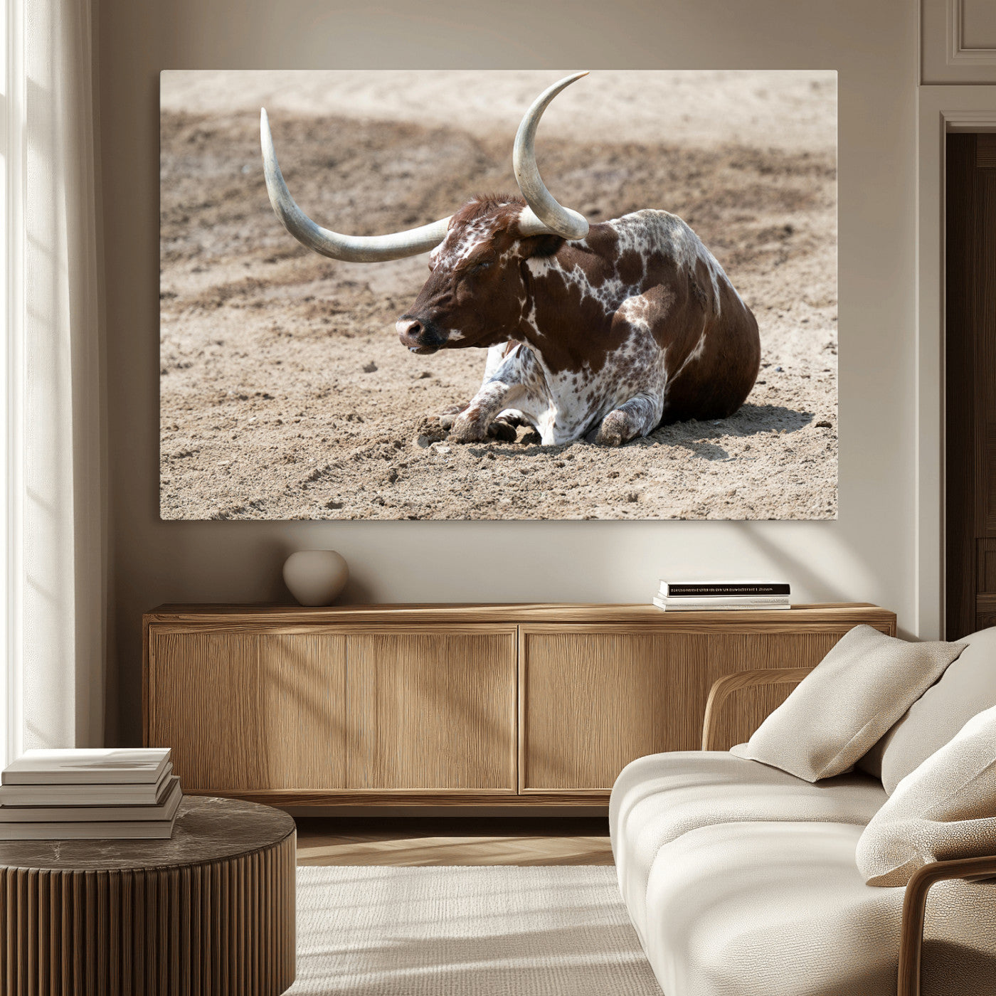 76549210-MGV-CV-36X24-Texas Longhorn Wall Art Canvas Print – Framed Country Living Farmhouse Rustic Cattle Scene Artwork for Home Office