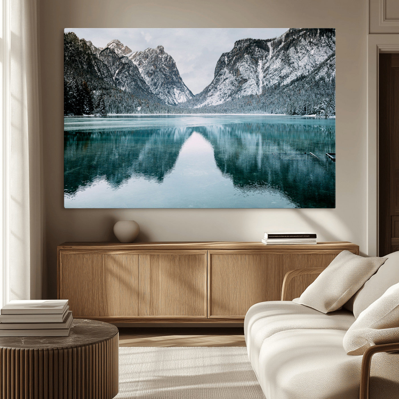 73098373-MGV-CV-36X24-Mountain Lake Wall Art Canvas Print – Framed Snowy Peaks Wonderland Nature Scene Artwork for Home Office