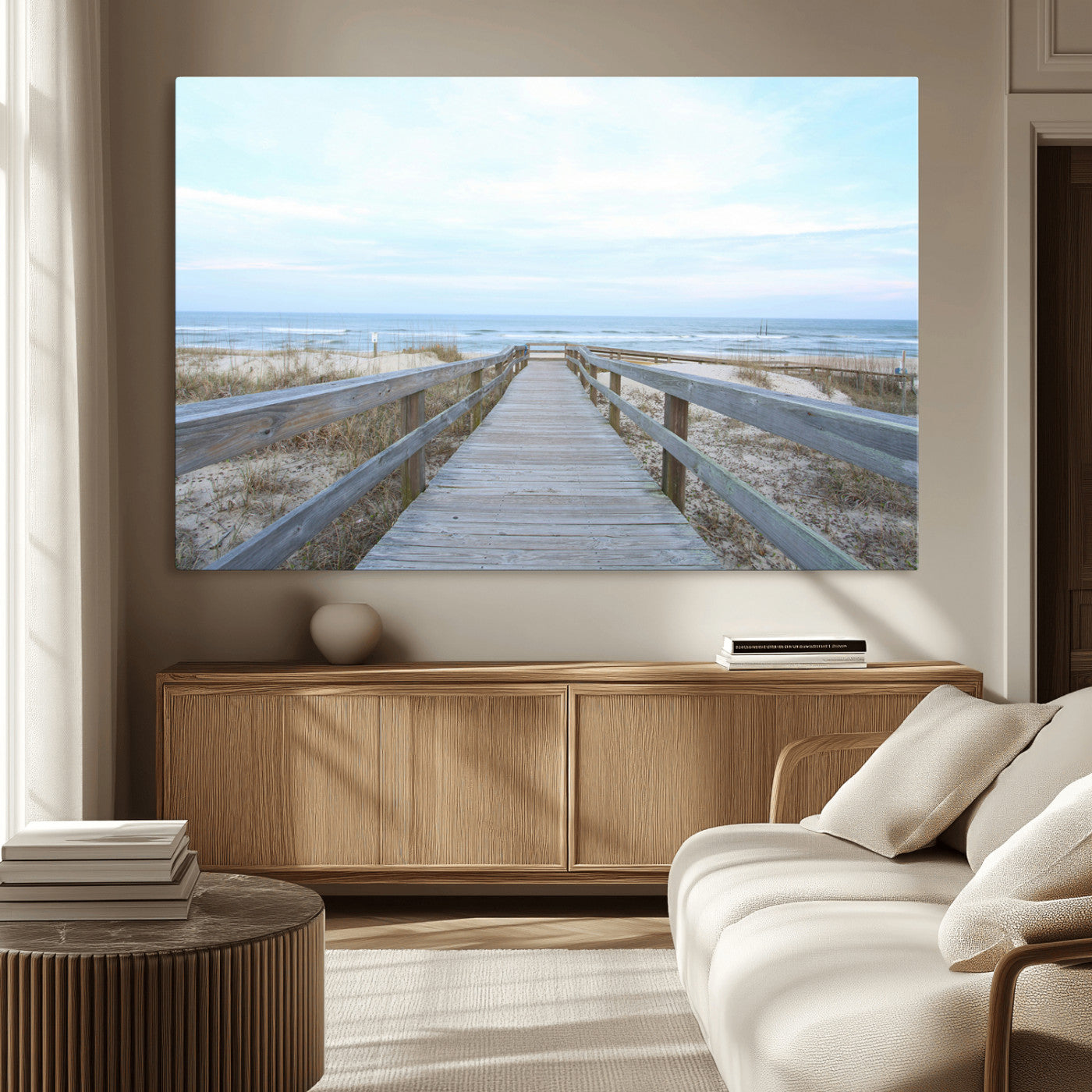 31602988-MGV-CV-36X24-Beach Boardwalk Wall Art Canvas Print – Framed Coastal Serenity Ocean View Nature Scene Artwork for Home Office