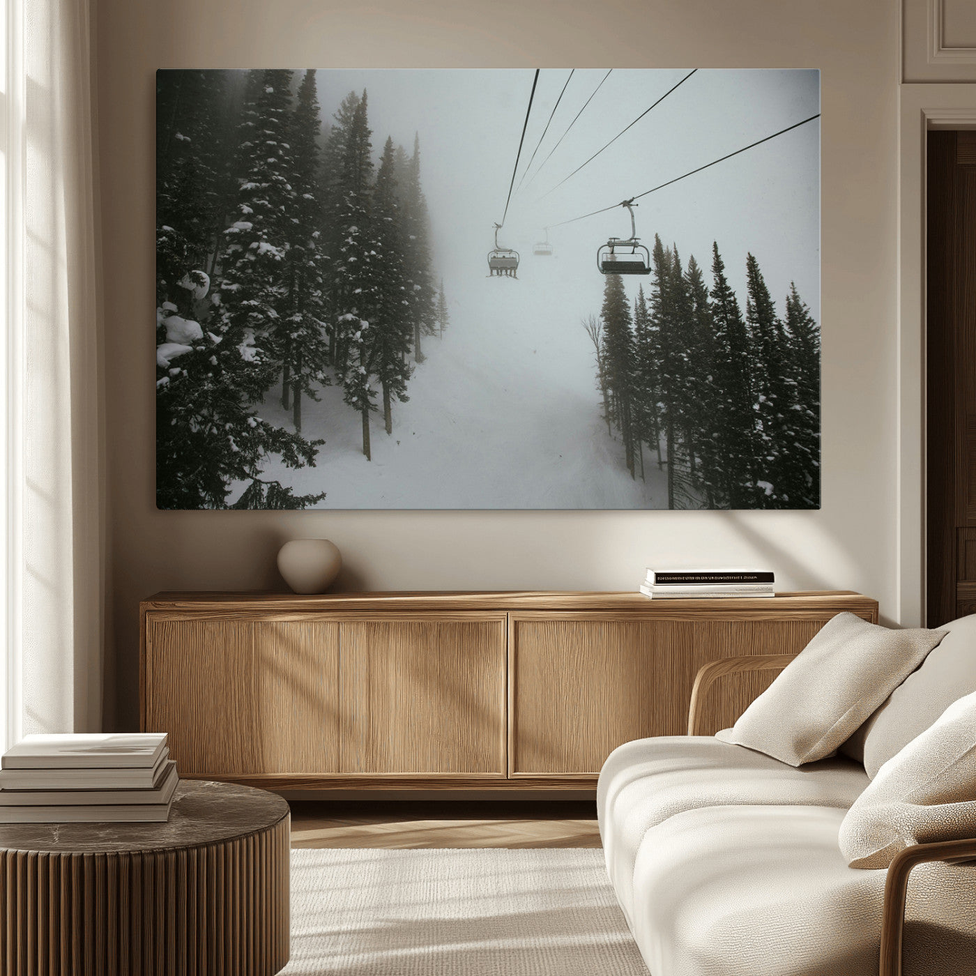 87018452-MGV-CV-36X24-Ski Lift Wall Art Canvas Print – Snowy Pines Misty Landscape Winter Serenity Artwork for Home, Office Decor