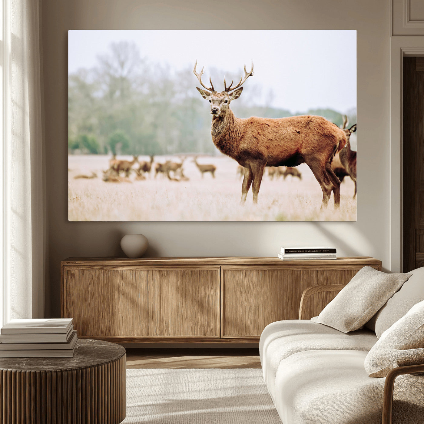 53240224-MGV-CV-36X24-Rustic Deer Wall Art Canvas Print – Forest Woodland Stag Nordic Animal Scenic Nature Artwork for Home, Cabin