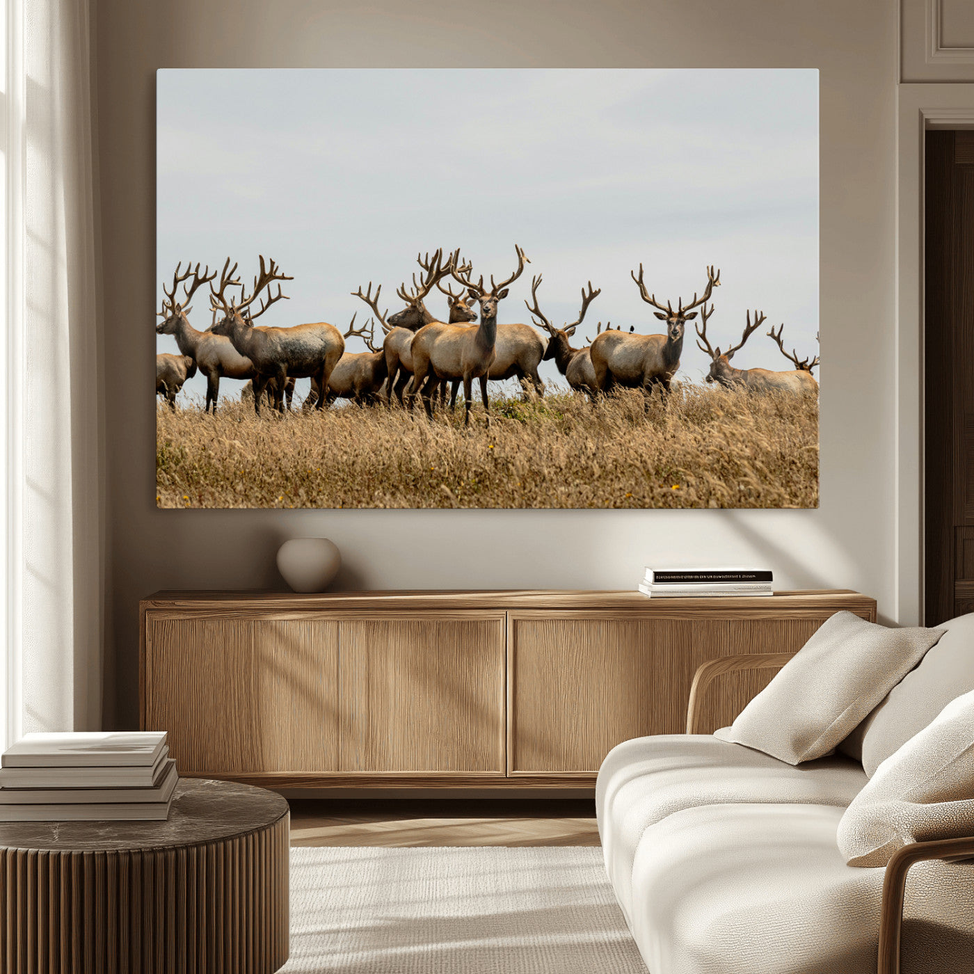 42170220-MGV-CV-36X24-Elk Herd Wall Art Canvas Print – Framed Wildlife Photography Majestic Antlers Nature Scene Artwork for Home Office