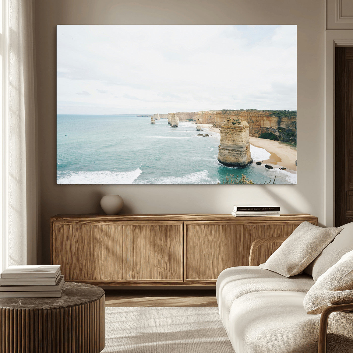 70095633-MGV-CV-36X24-Twelve Apostles Wall Art Canvas Print – Framed Coastal Cliffs Rugged Rock Formations Artwork for Home Office