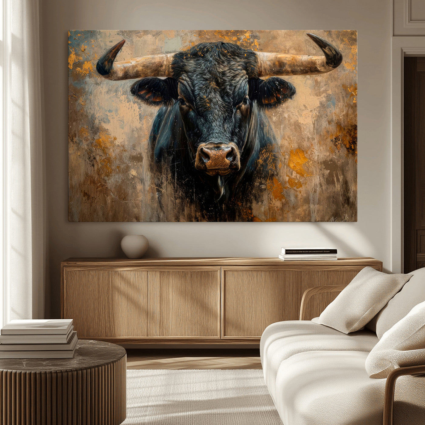 91615410-MGV-CV-36X24 - Abstract Texas Longhorn Bull Wall Art – Rustic Farmhouse Canvas Print, Western Cabin Style Decor, Large Animal Artwork for Living Room or Office