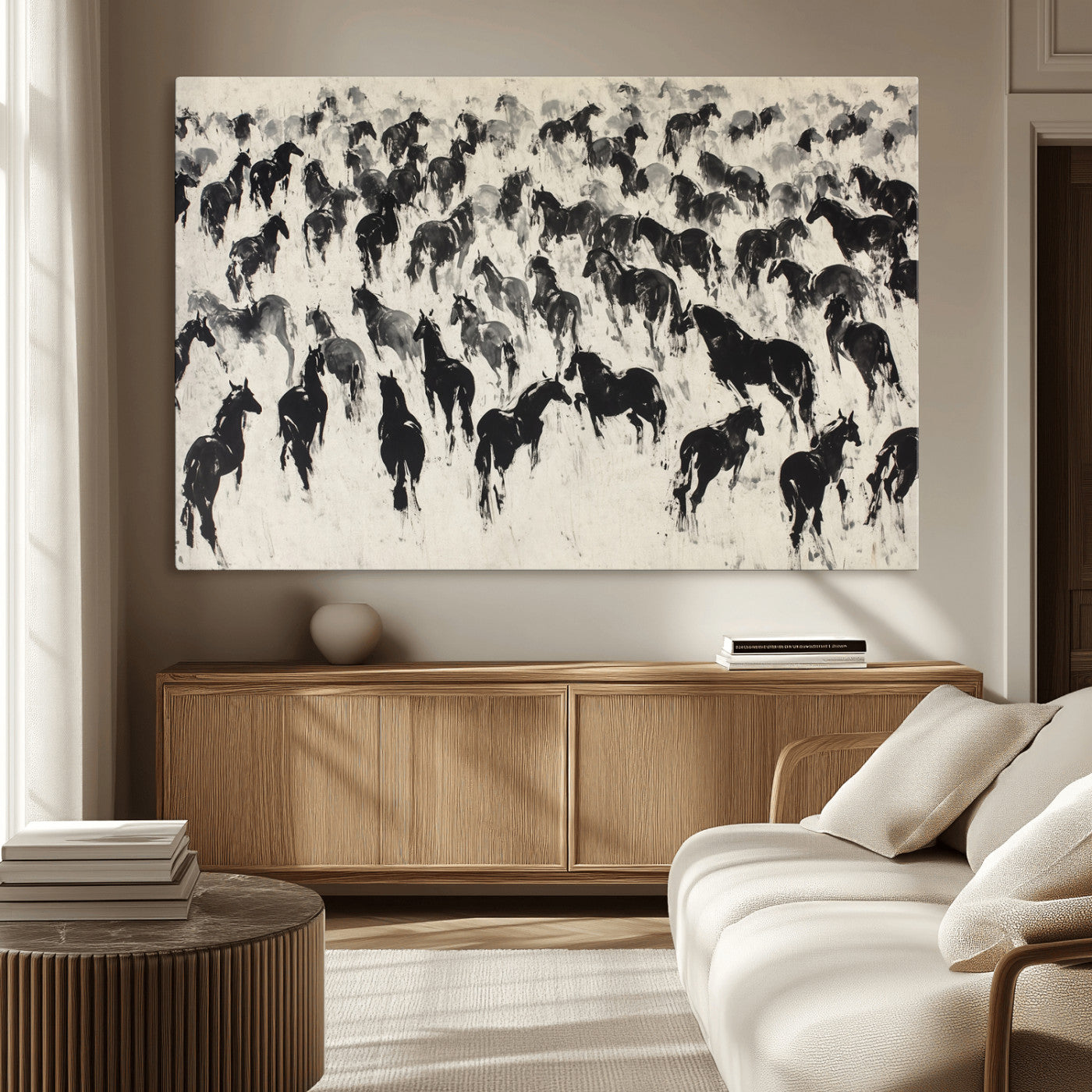 29265745-MGV-CV-36X24-Wild Horse Stampede Wall Art Canvas Print – Monochrome Running Horses Dynamic Motion Elegant Scene Artwork for Home, Office