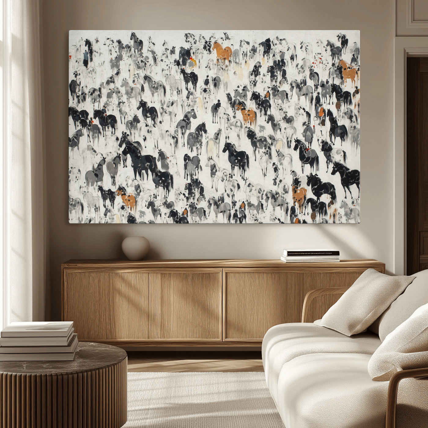 56463722-MGV-CV-36X24-Wild Horse Stampede Wall Art Canvas Print – Monochrome Running Horses Dynamic Motion Elegant Scene Artwork for Home, Office