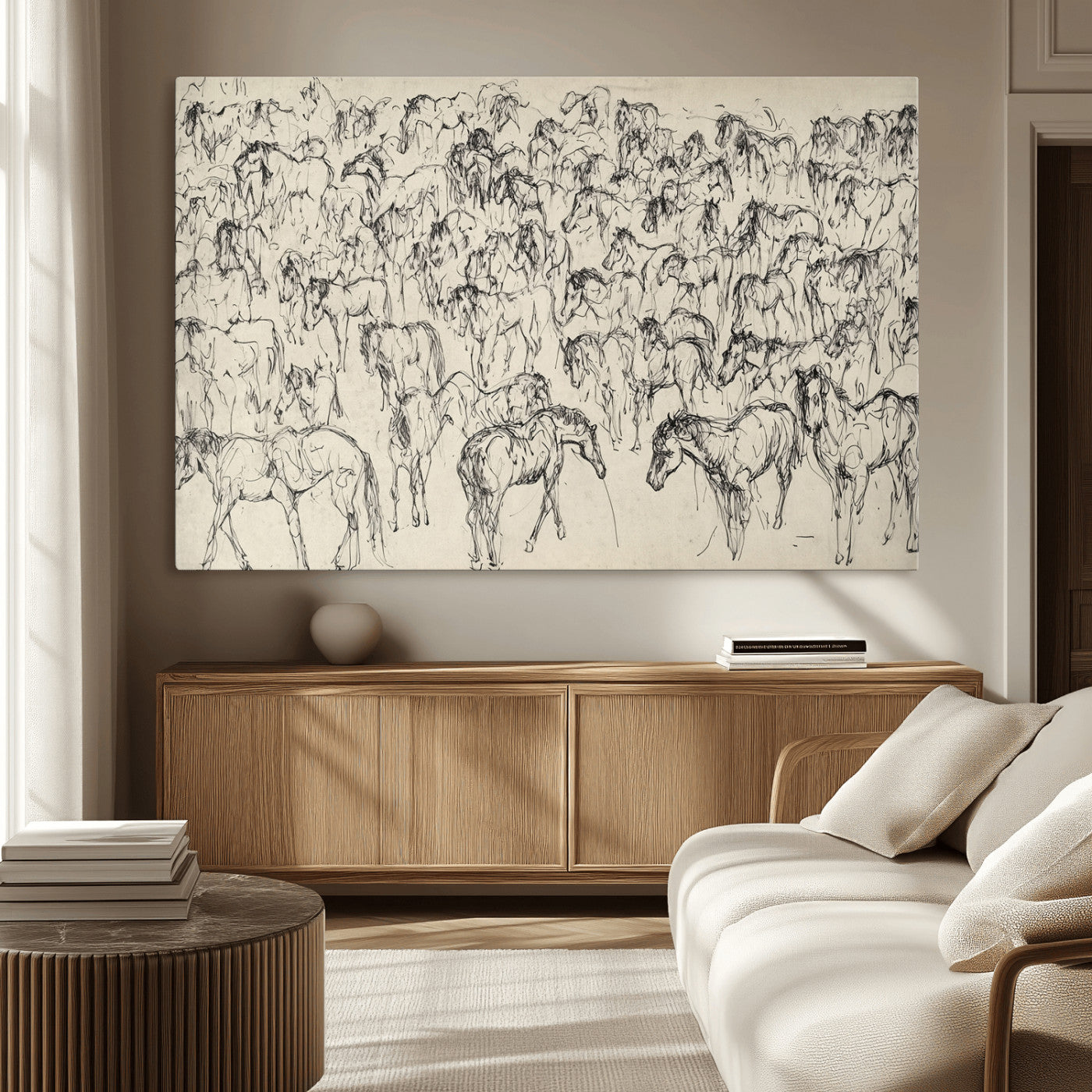 86653927-MGV-CV-36X24-Wild Horse Stampede Wall Art Canvas Print – Monochrome Running Horses Dynamic Motion Elegant Artwork for Home, Office