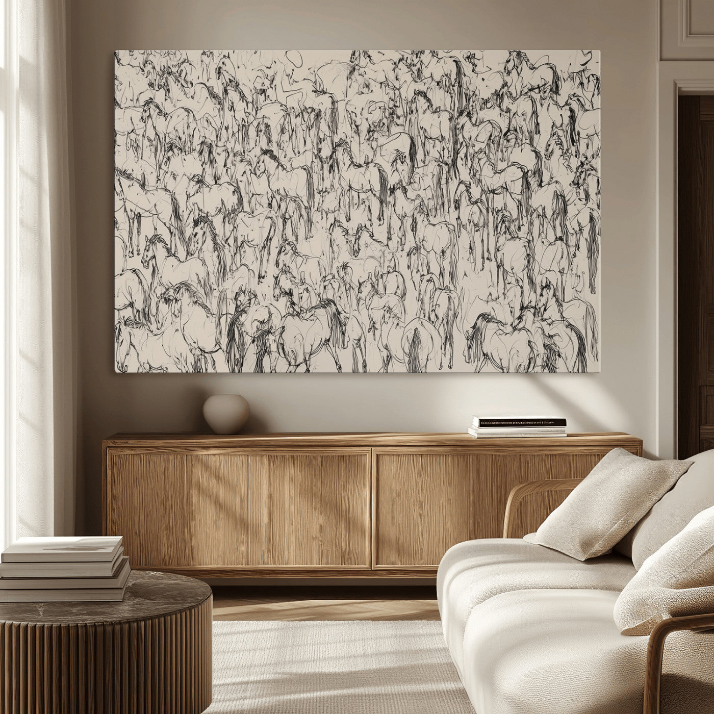 12358908-MGV-CV-36X24-Wild Horse Stampede Wall Art Canvas Print – Monochrome Running Horses Dynamic Motion Elegant Artwork for Home, Office