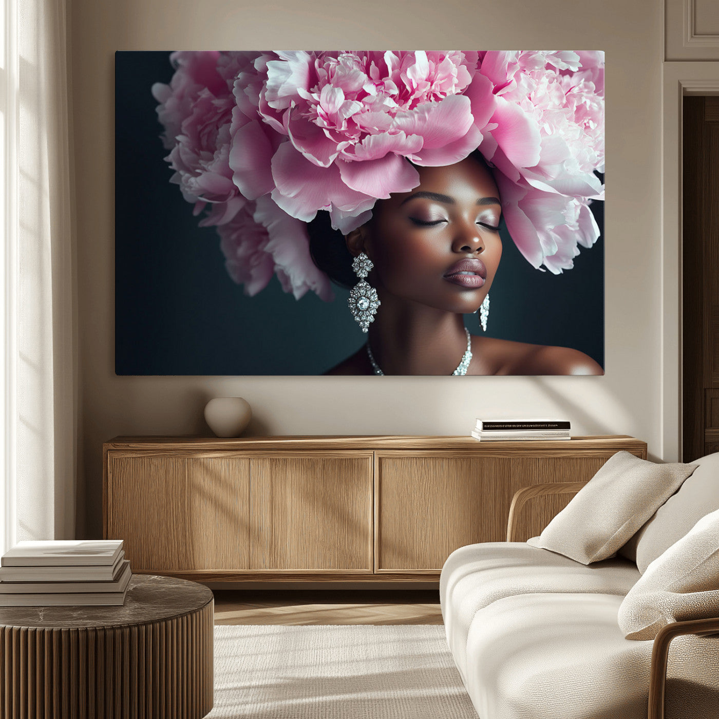 -Black Beauty Petal Crown Wall Art Canvas Print – Floral Petal Headpiece Elegant Design, Petal Inspired Artwork for Home, Office