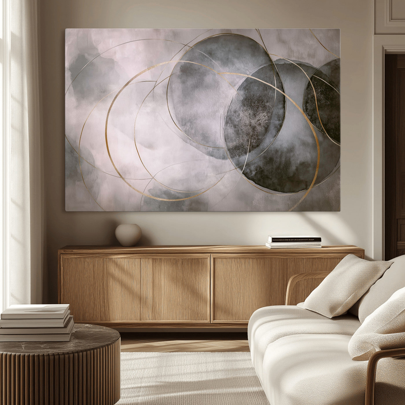 20066876-MGV-CV-36X24-Abstract Grey Gold Circle Wall Art – Modern Geometric Canvas Artwork, Minimal Elegant Design, Luxury Wall Decor for Home, Office