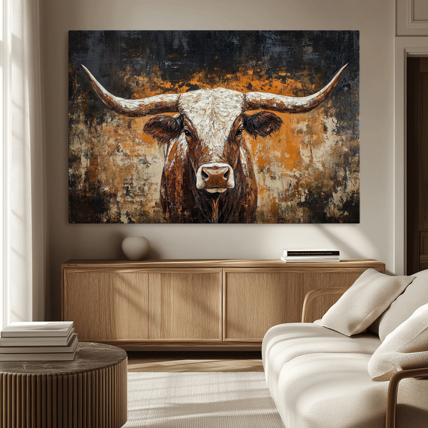 25265572-MGV-CV-36X24-Rustic Longhorn Bull Wall Art Canvas Print – Vintage Western Cattle Scene, Texas Steer Artwork for Home, Office
