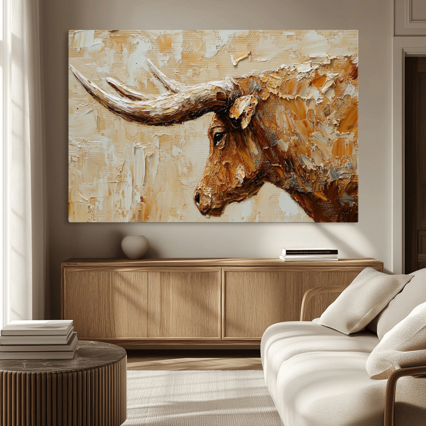 69611428-MGV-CV-36X24-Rustic Longhorn Bull Wall Art Canvas Print – Vintage Western Cattle Texas Steer Scene Artwork for home, office
