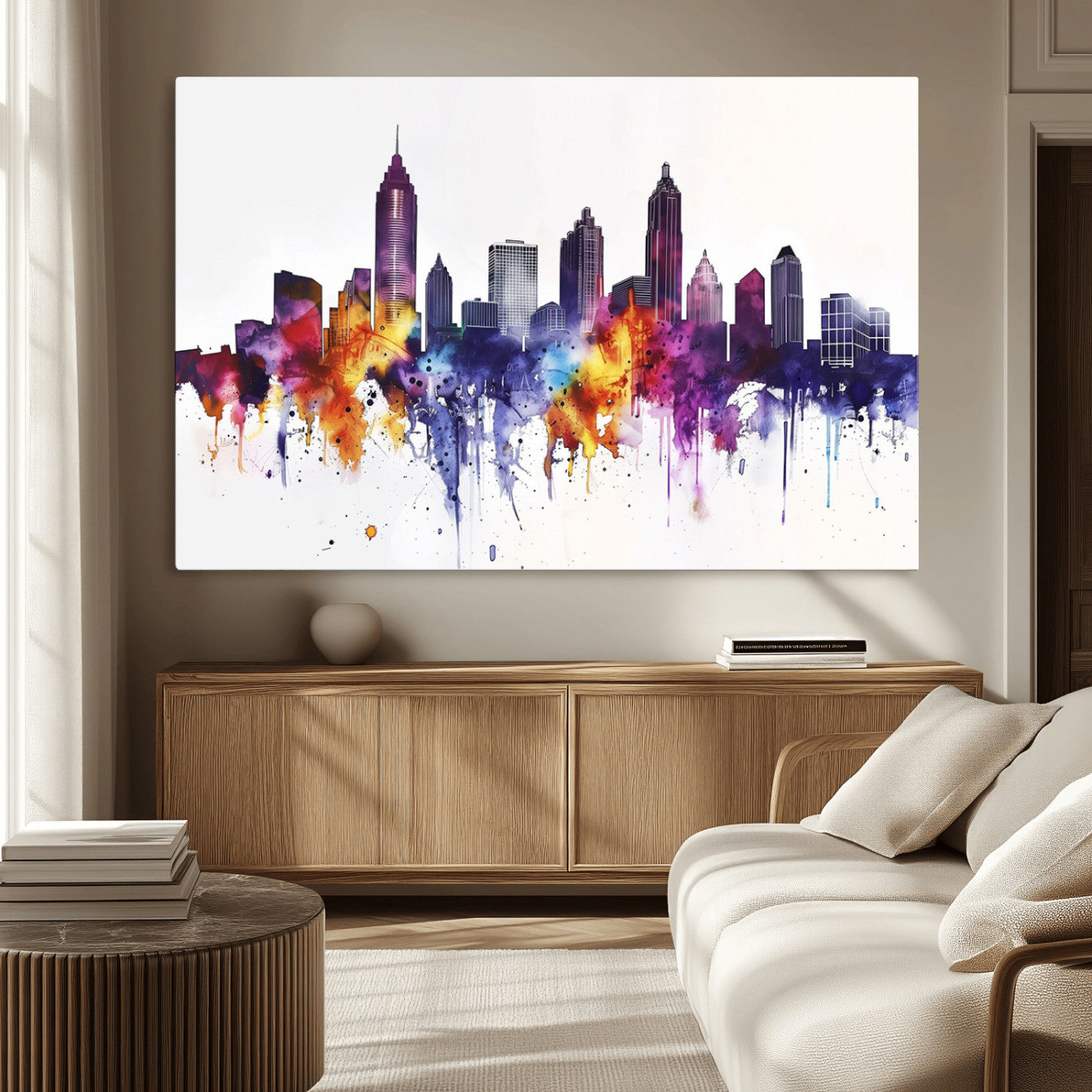 34479880-MGV-CV-36X24-Atlanta Skyline Wall Art Canvas Print – Framed Colorful Watercolor Cityscape Artwork for Home, Office, Living Room