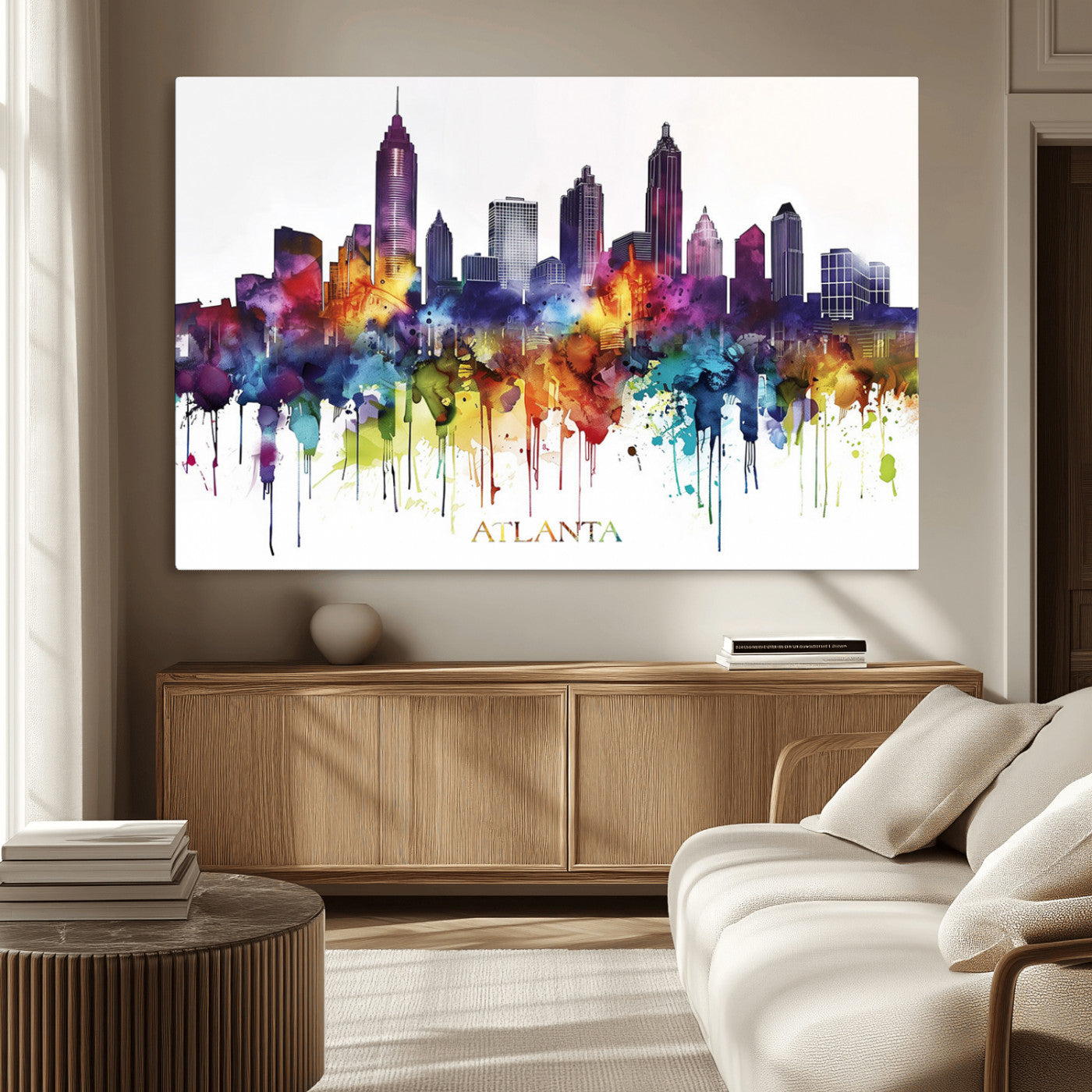 36048320-MGV-CV-36X24-Atlanta Skyline Wall Art Canvas Print – Framed Colorful Watercolor Cityscape Abstract Urban Artwork for Home, Office