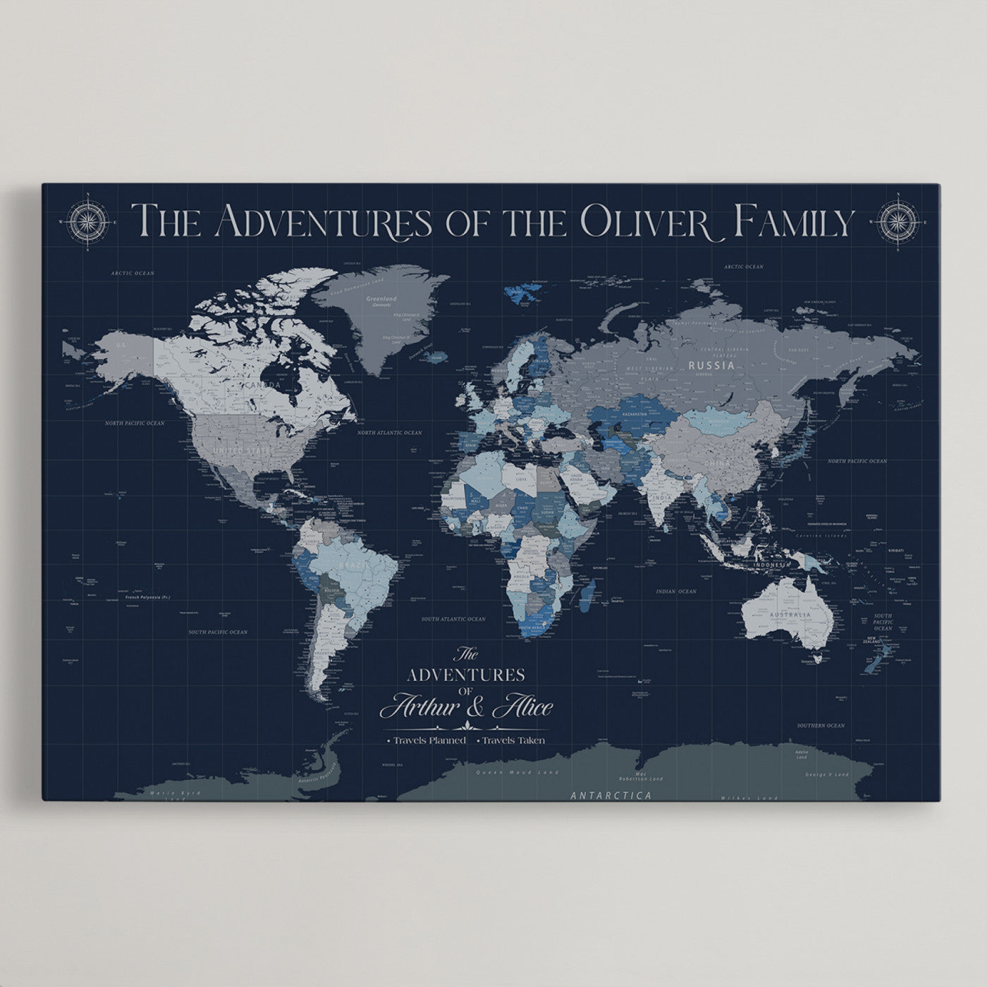 -Personalized Family Adventure World Map – Custom Framed Push Pin Travel Tracker Canvas, Elegant Wall Art for Home, Office