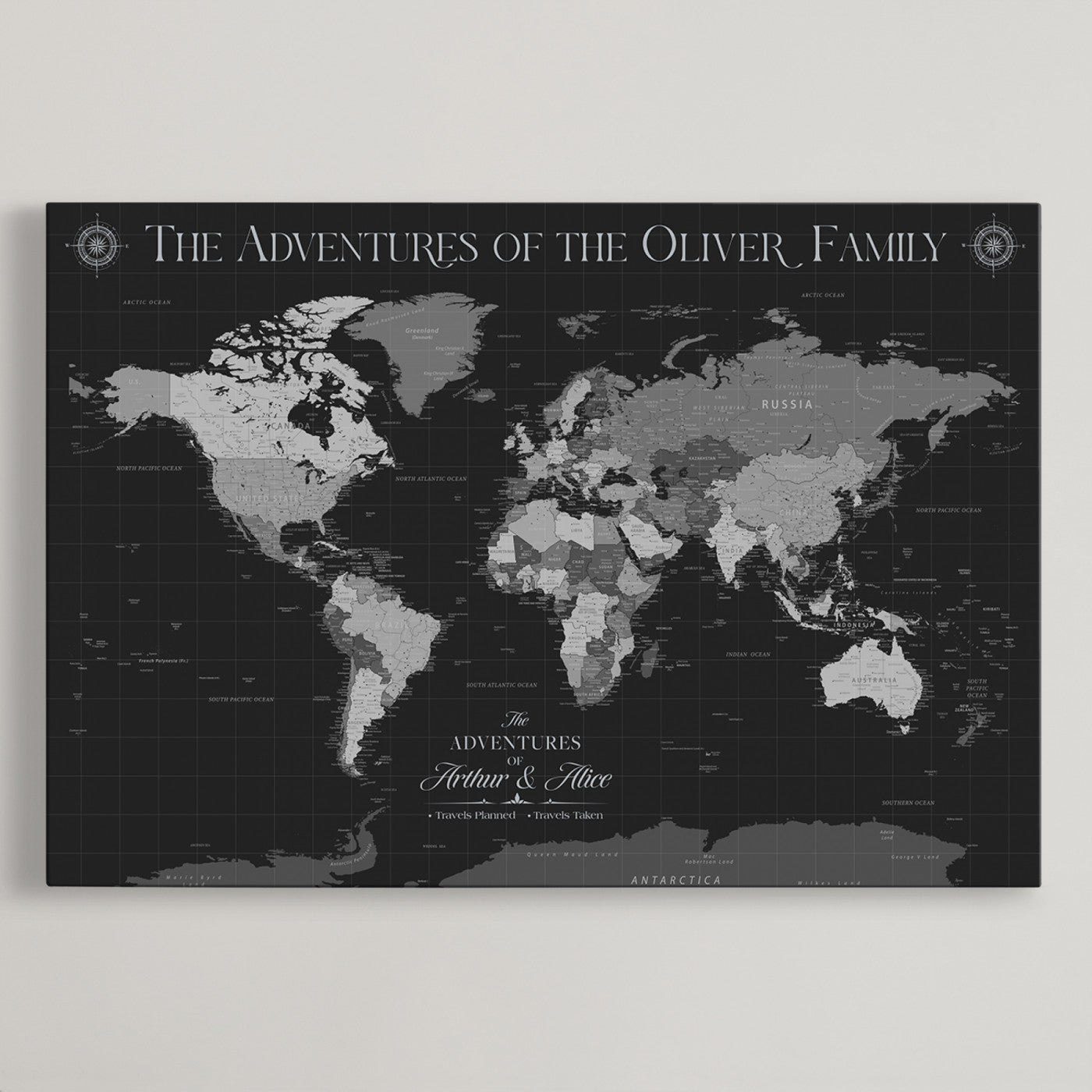 -Personalized Family World Map Canvas – Custom Framed Push Pin Travel Tracker, Modern Adventure Wall Art for Home, Office
