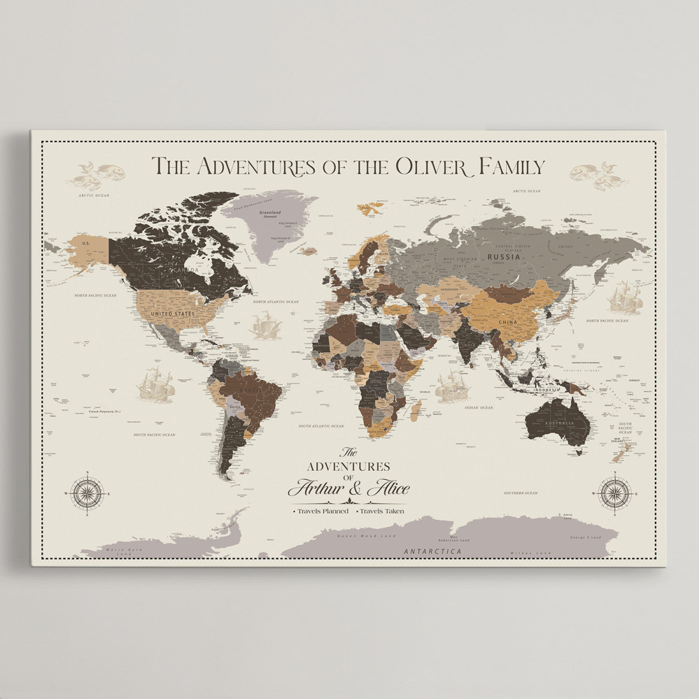 -Personalized Family Adventure World Map Canvas – Custom Framed Push Pin Travel Tracker, Wall Art Gift for Home, Office