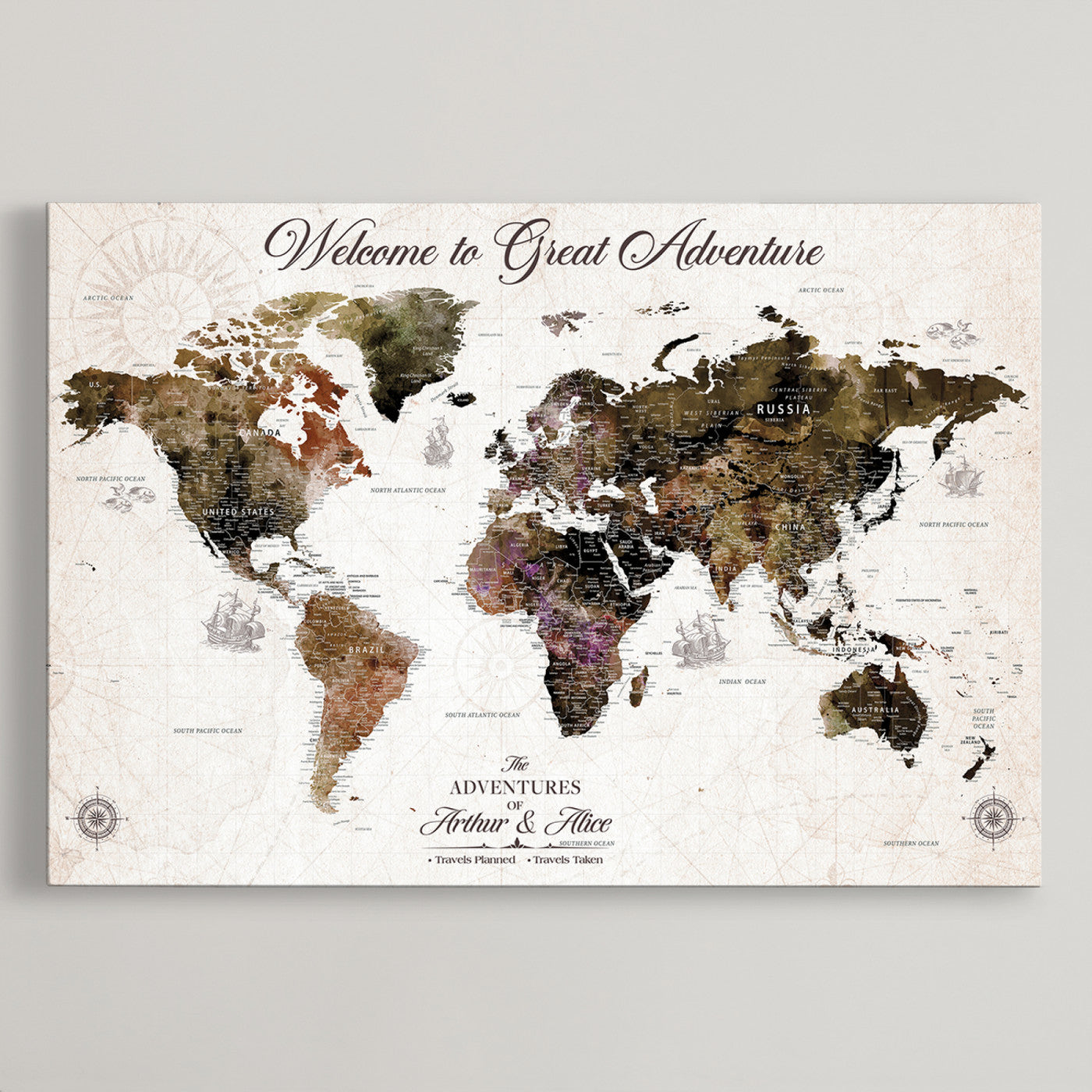 -Personalized World Map Canvas Custom Framed Push Pin Travel Tracker Vintage Adventure Wall Art Gift Couples Travelers Home, Office