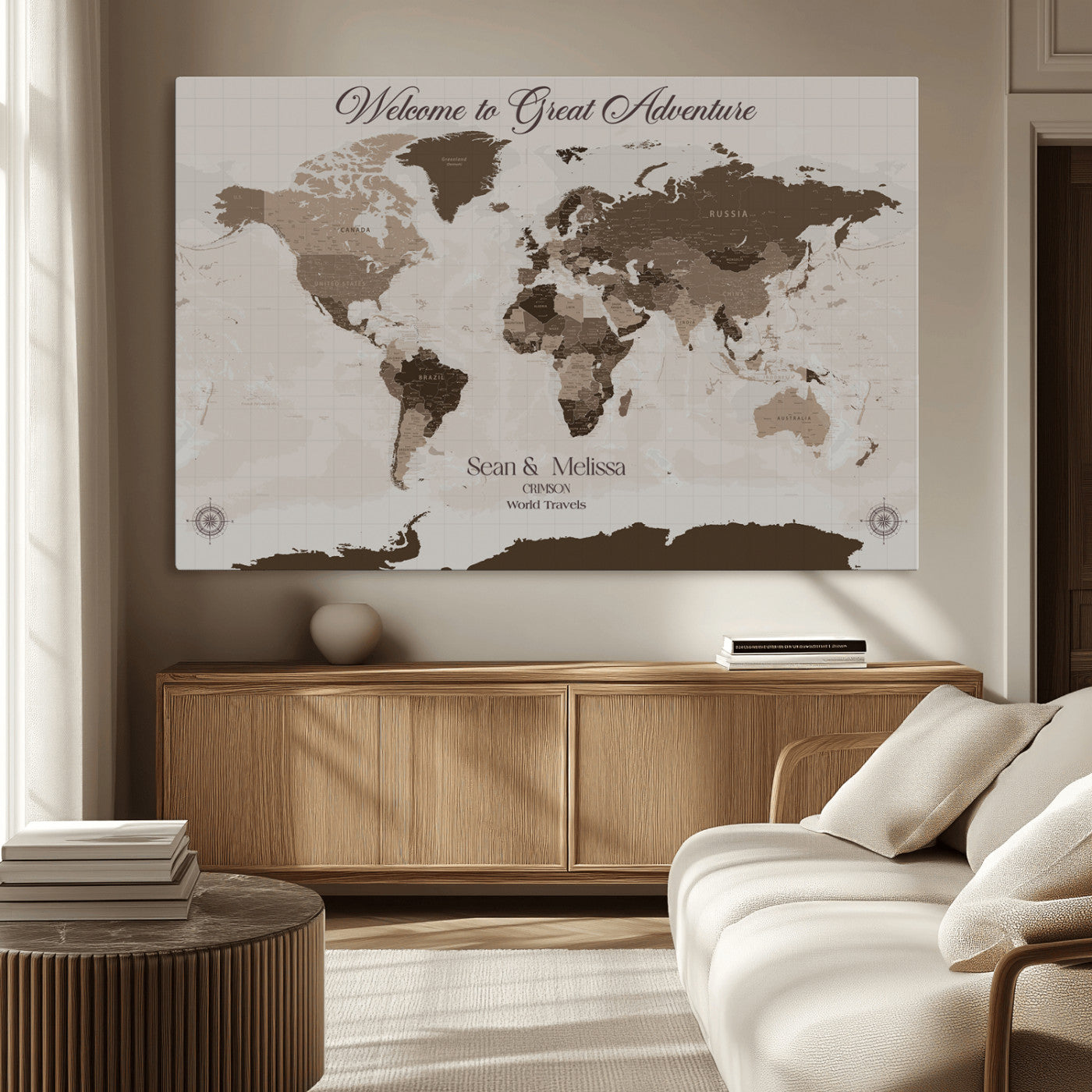 Rehber01-MGV-CV-36X24-Custom Push Pin World Map Wall Art Canvas Print – Personalized Travel Tracker with Pins Framed Large for home, office