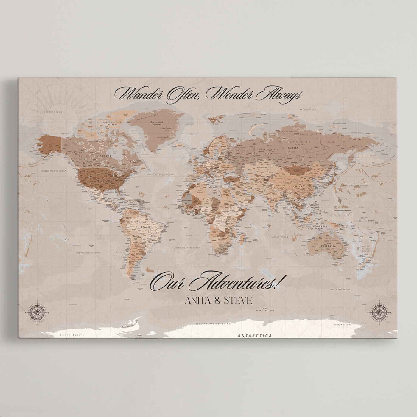 -Personalized World Map Canvas Custom Framed Push Pin Travel Tracker Elegant Neutral Wall Art Gift Couples Travelers for Home, Office