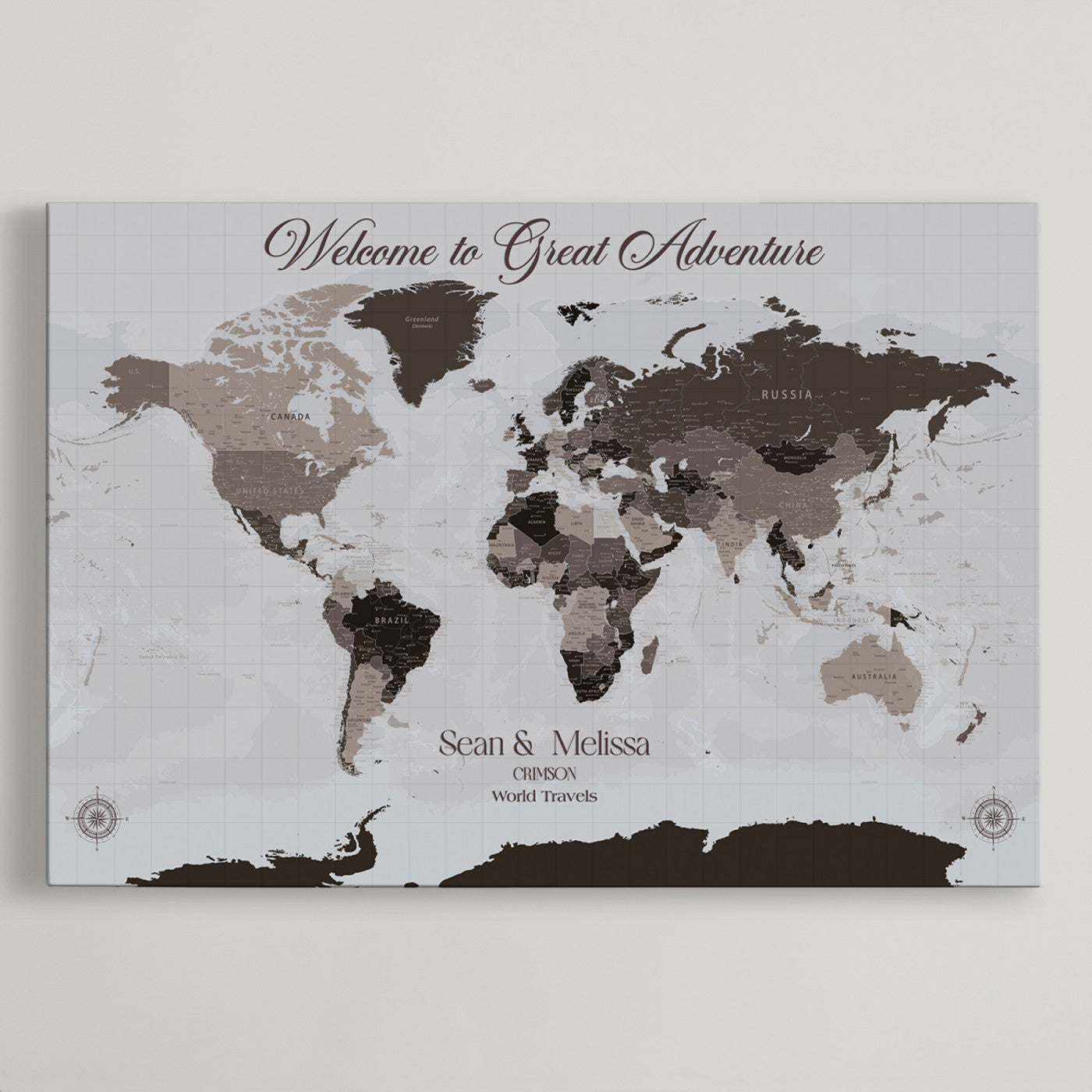 -Personalized Gray Brown World Map Canvas Custom Framed Push Pin Travel Tracker Modern Neutral Wall Art Gift Couples for Home, Office