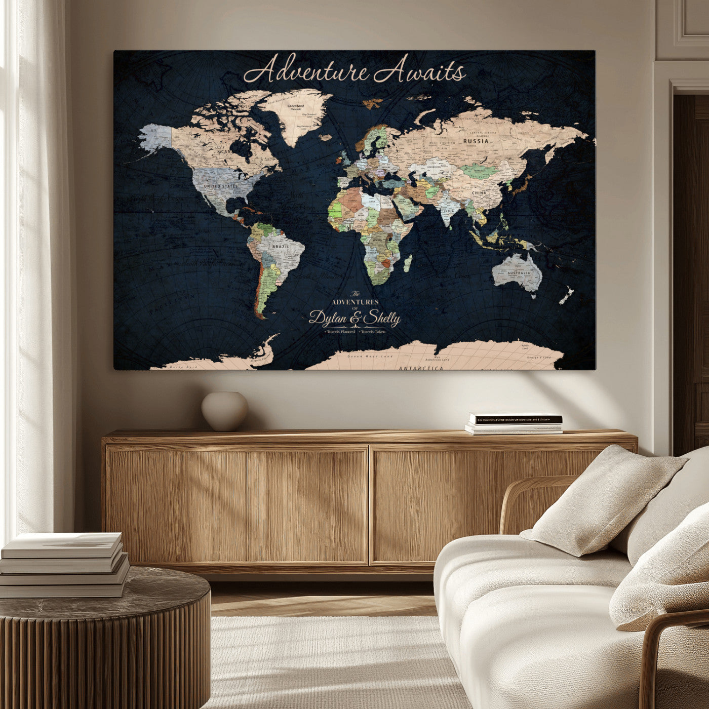 Rehber01-MGV-CV-36X24-Personalized World Map Canvas Print – Framed Push Pin Travel Wall Art for Couples – Adventure & Anniversary Gift