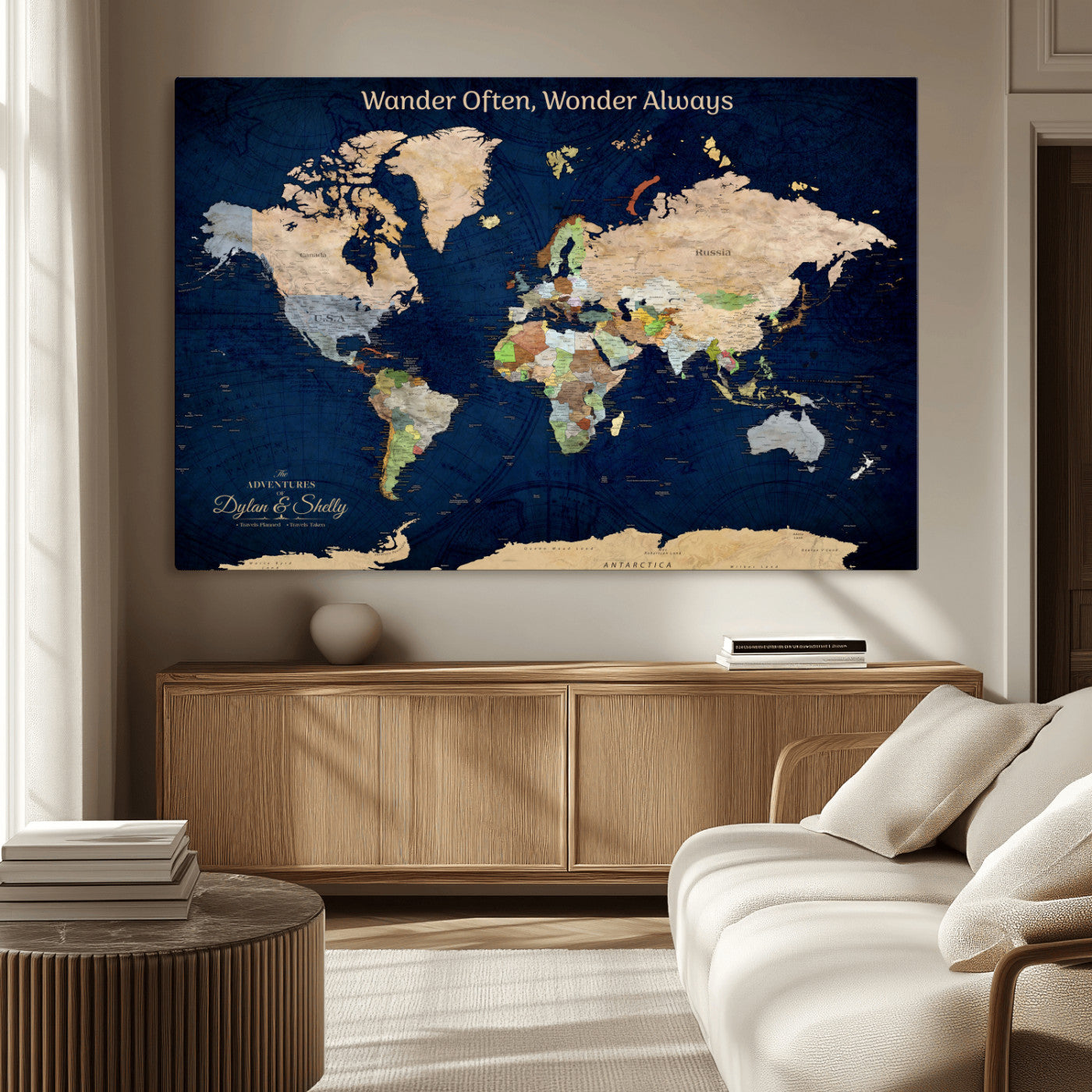 Rehber01-MGV-CV-36X24-Personalized World Map Canvas – Custom Framed Push Pin Travel Map Wall Art, Navy Blue Vintage Gift for Couples and Adventurers