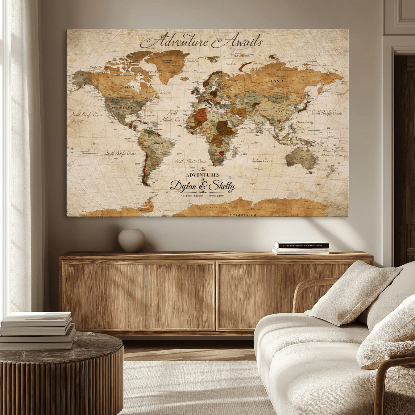 Rehber01-MGV-CV-36X24-Personalized Push Pin World Map Canvas Print – Custom Adventure Travel Map, Framed Wall Art Gift for Couples or Family