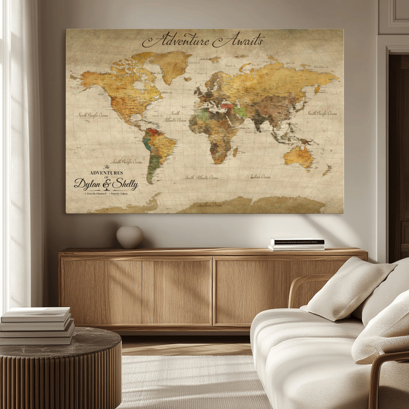50298017-MGV-CV-36X24-Personalized World Map Canvas – Custom Framed Push Pin Travel Map Wall Art, Vintage Style Gift for Couples and Travelers