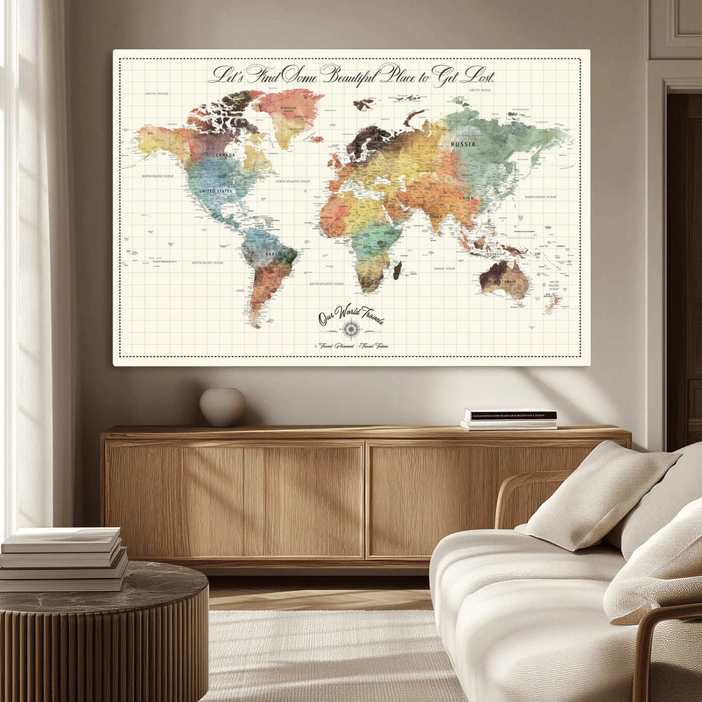 -Personalized Push Pin World Map Canvas Print – Custom Adventure Travel Tracker Map, Framed Wall Art Gift for Couples or Family