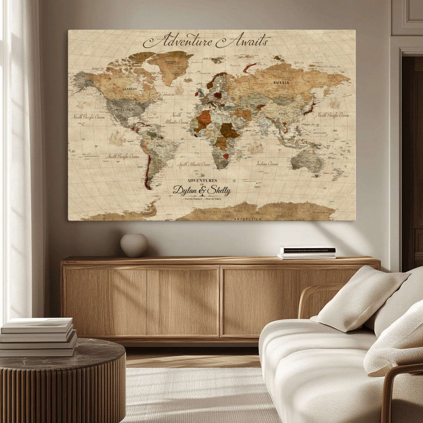 Rehber01-MGV-CV-36X24-Personalized World Map Canvas – Custom Framed Push Pin Travel Map Wall Art with Names, Vintage Style Gift for Couples