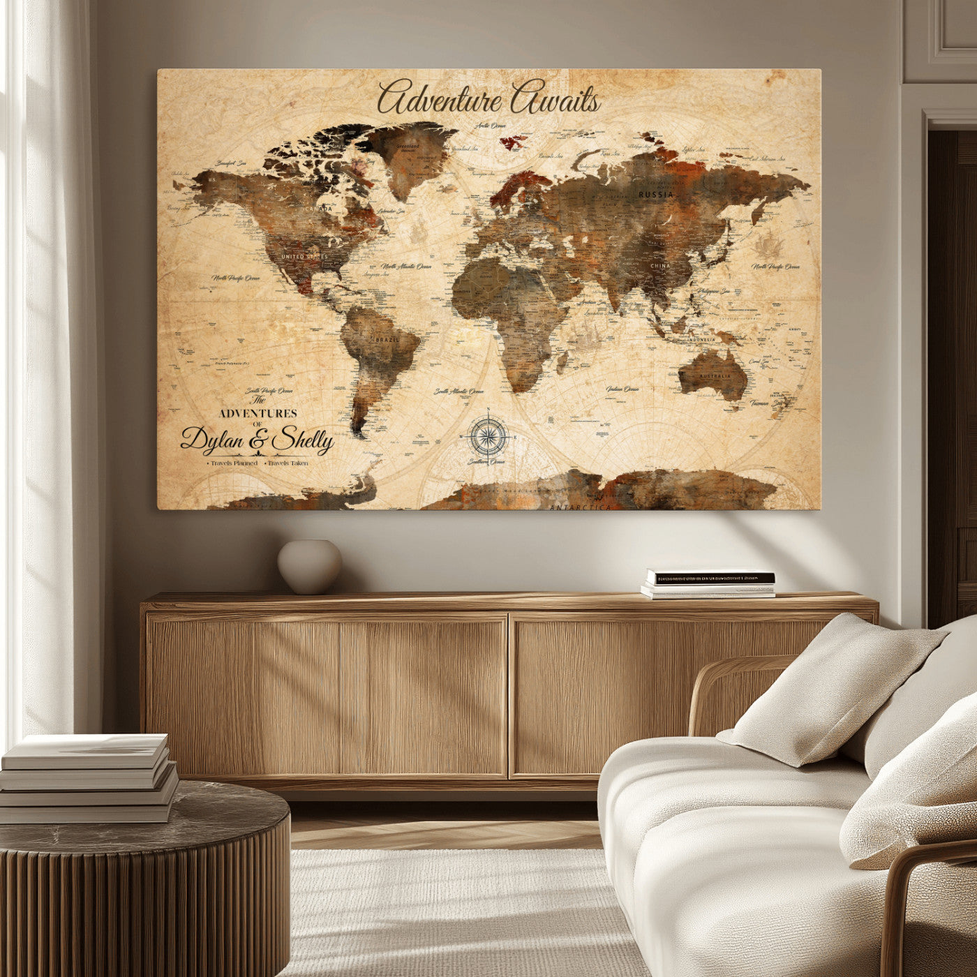 Rehber01-MGV-CV-36X24-Personalized World Map Canvas Wall Art – Custom Framed Push Pin Travel Tracker Print, Unique Gift for Home or Office Decor