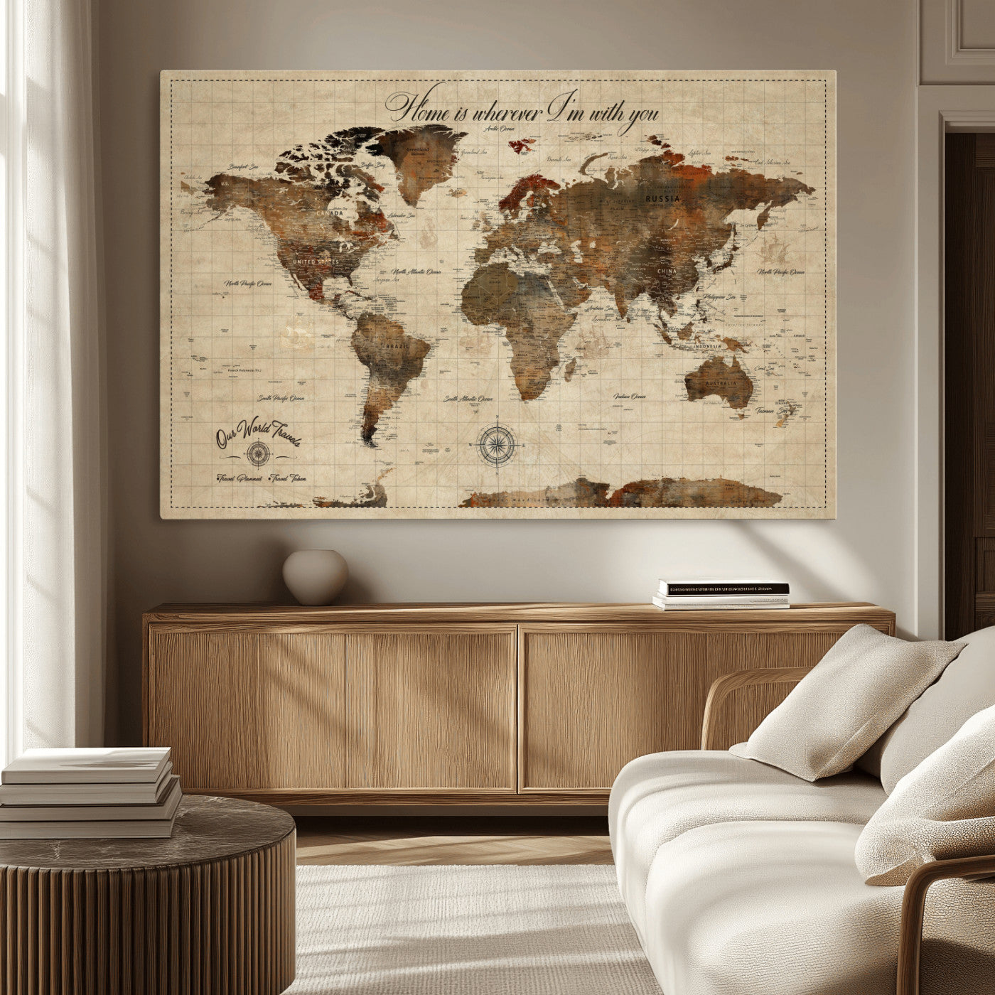 96762438-MGV-CV-36X24-Personalized World Map Print, Customizable Push Pin Framed World Map Print on Canvas - Custom Quote on Map Print