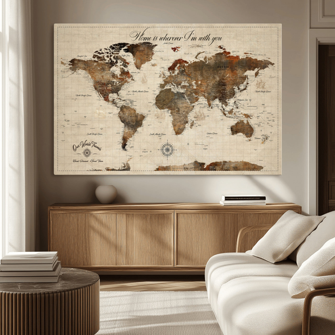 Rehber01-MGV-CV-36X24-Personalized World Map Canvas Wall Art – Custom Framed Push Pin Travel Tracker Print, Unique Gift for Home or Office Decor