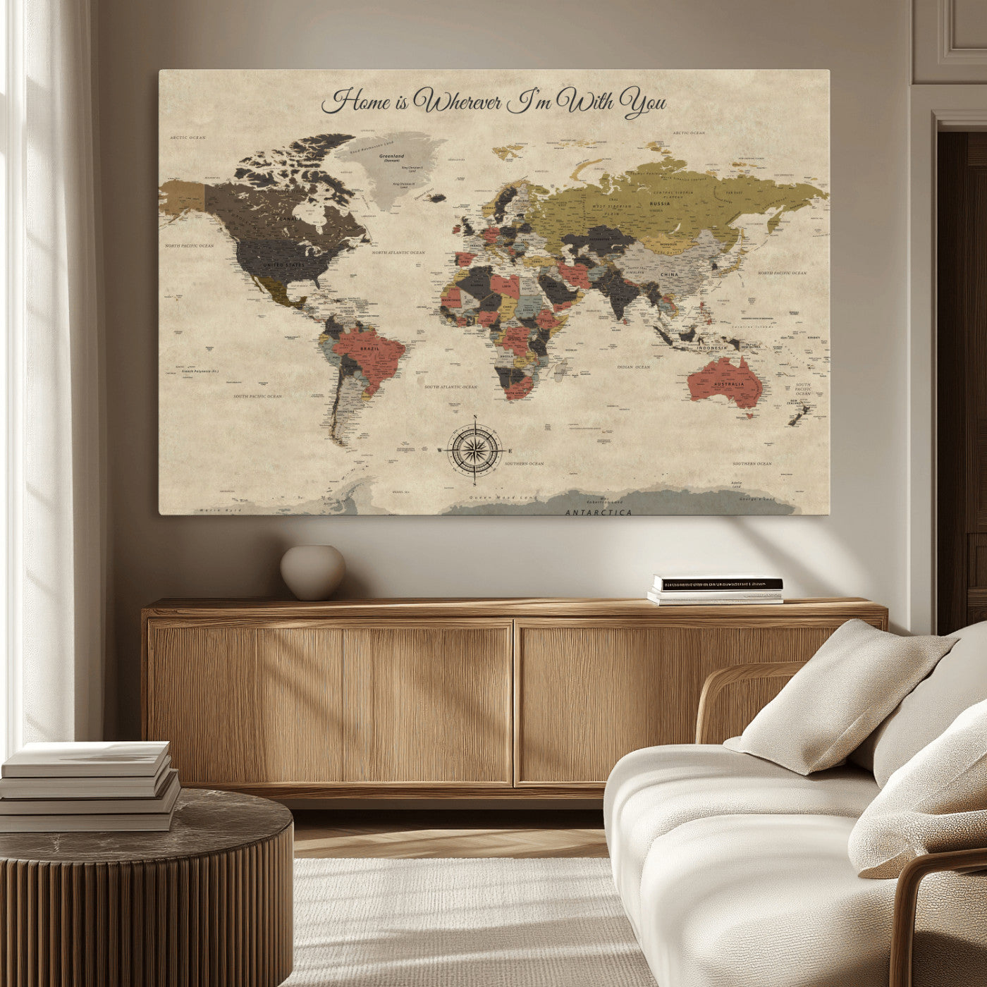 -Personalized World Map Wall Art Canvas Print – Customizable Push Pin Framed Travel Map Artwork for Home Office