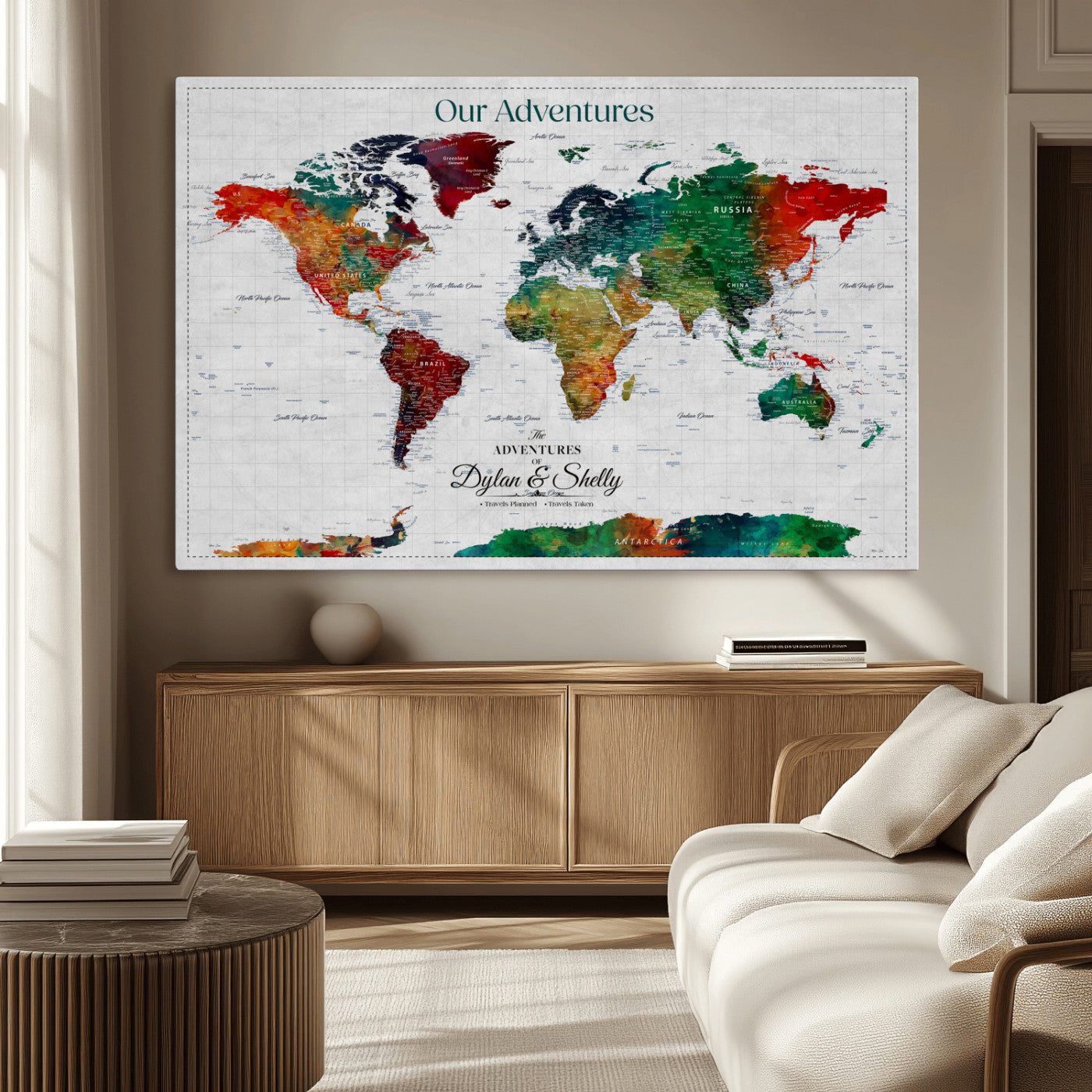 Rehber01-MGV-CV-36X24-Personalized World Map Canvas Wall Art – Custom Framed Push Pin Travel Tracker Print, Unique Gift for Home or Office Decor