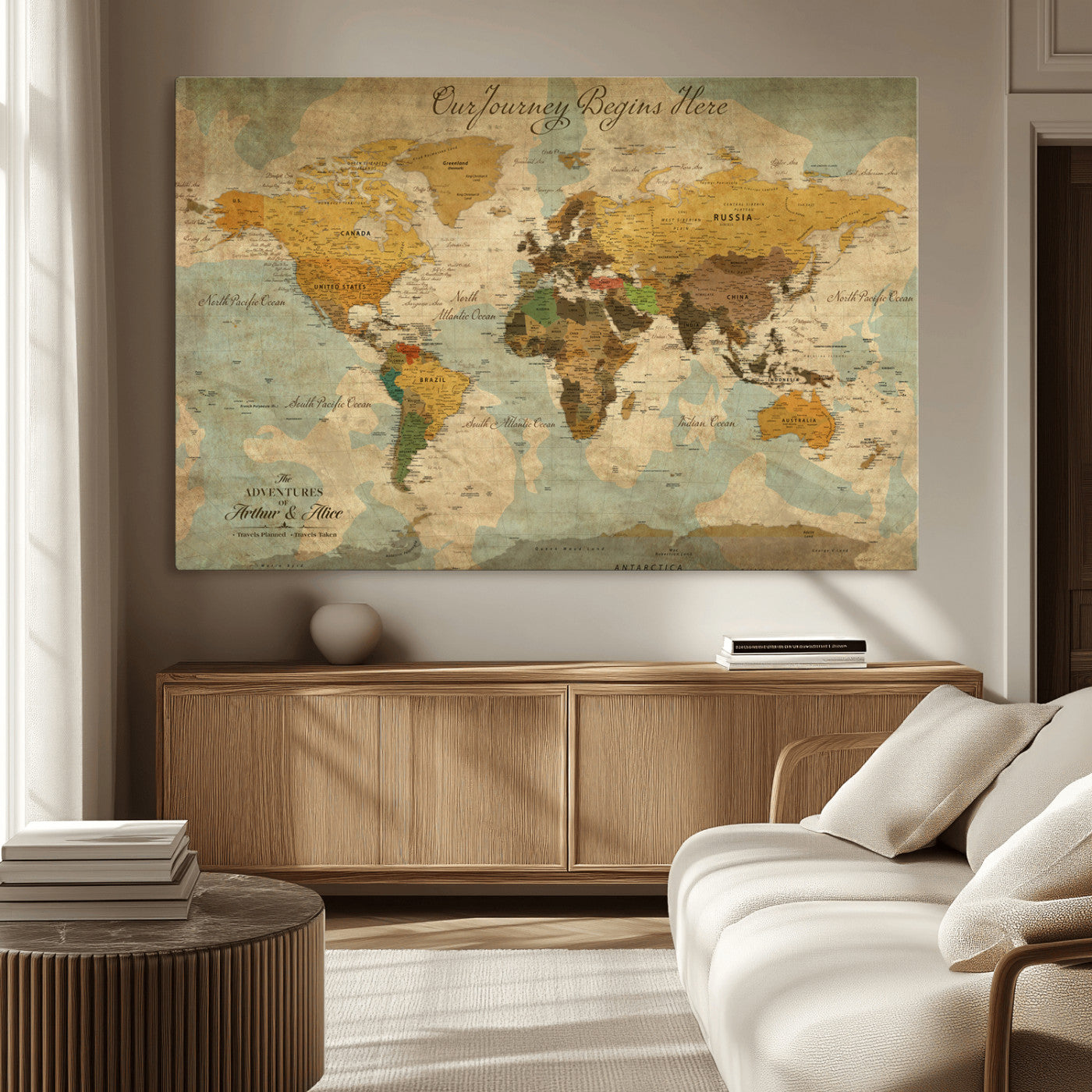 Rehber01-MGV-CV-36X24-Personalized World Map Canvas Wall Art – Custom Framed Push Pin Travel Tracker Print, Unique Gift for Home or Office Decor