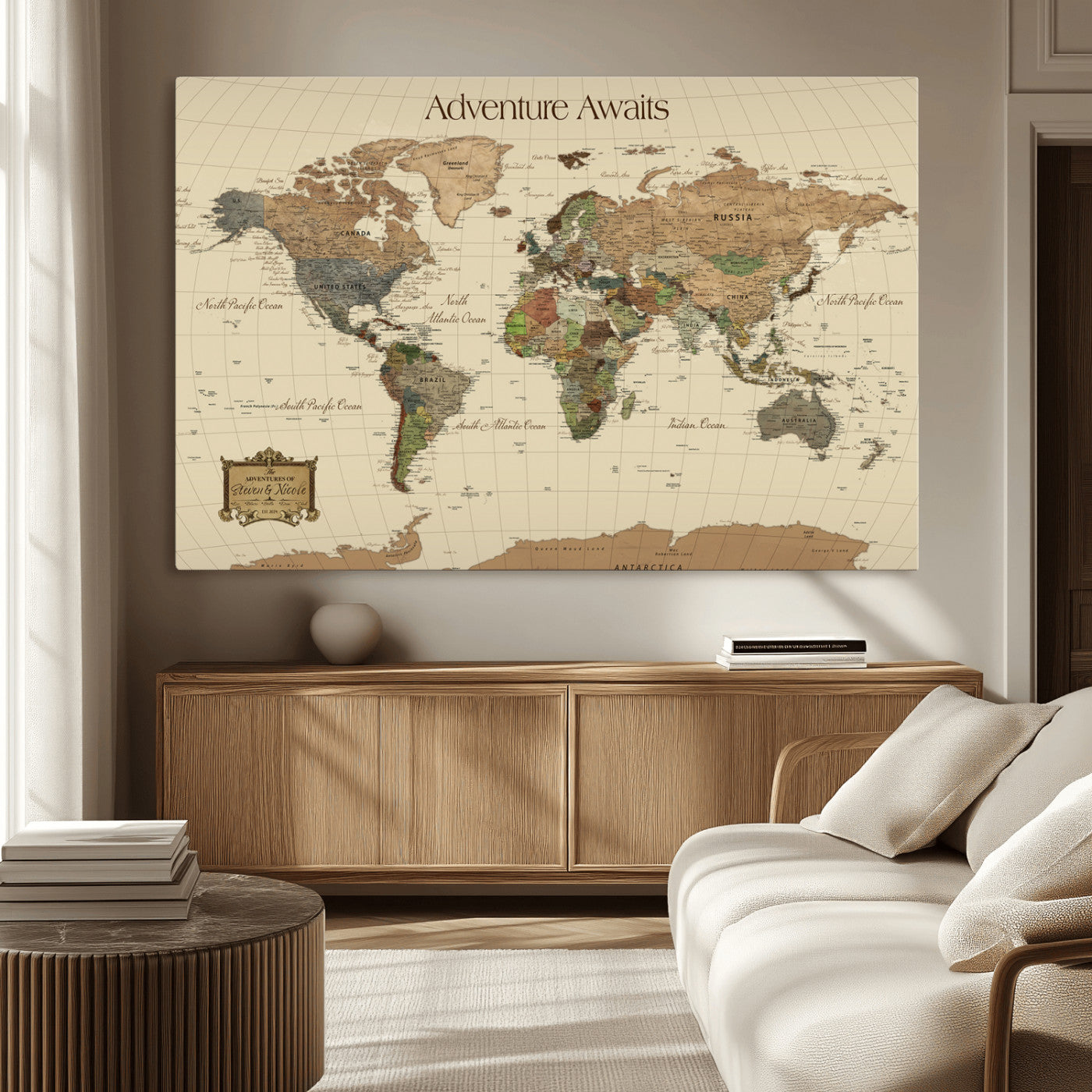 Rehber01-MGV-CV-36X24-Custom Push Pin World Map Wall Art Canvas Print – Personalized Travel Tracker Adventure Destination Gift for Home Office
