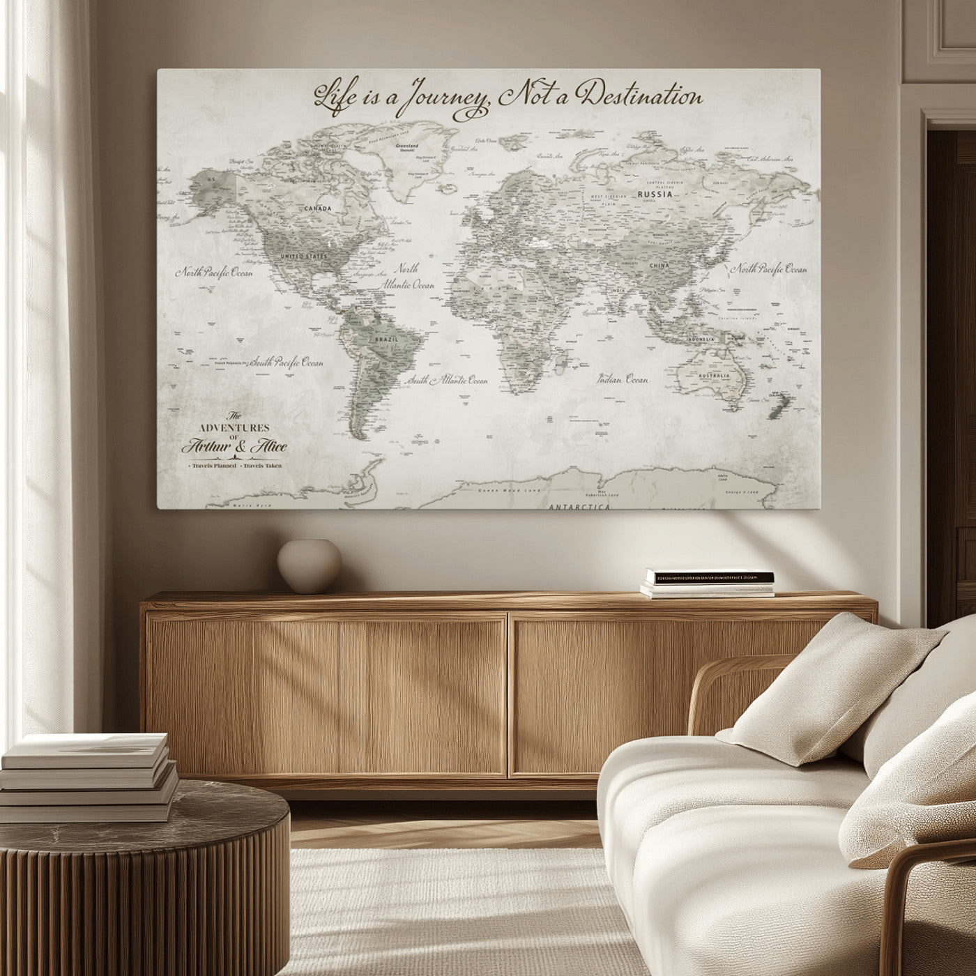 11398637-MGV-CV-36X24-Personalized Vintage World Map Canvas Print – Framed Push Pin Travel Tracker Neutral Elegant Artwork for Home, Office