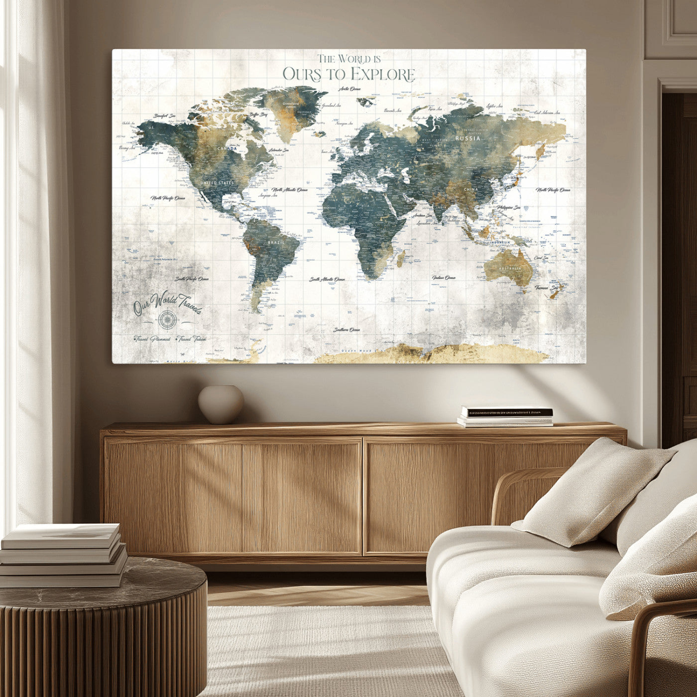 -Custom Push Pin World Map Wall Art Canvas Print – Adventure Travel Tracker Map with Pins Artwork for Home Office